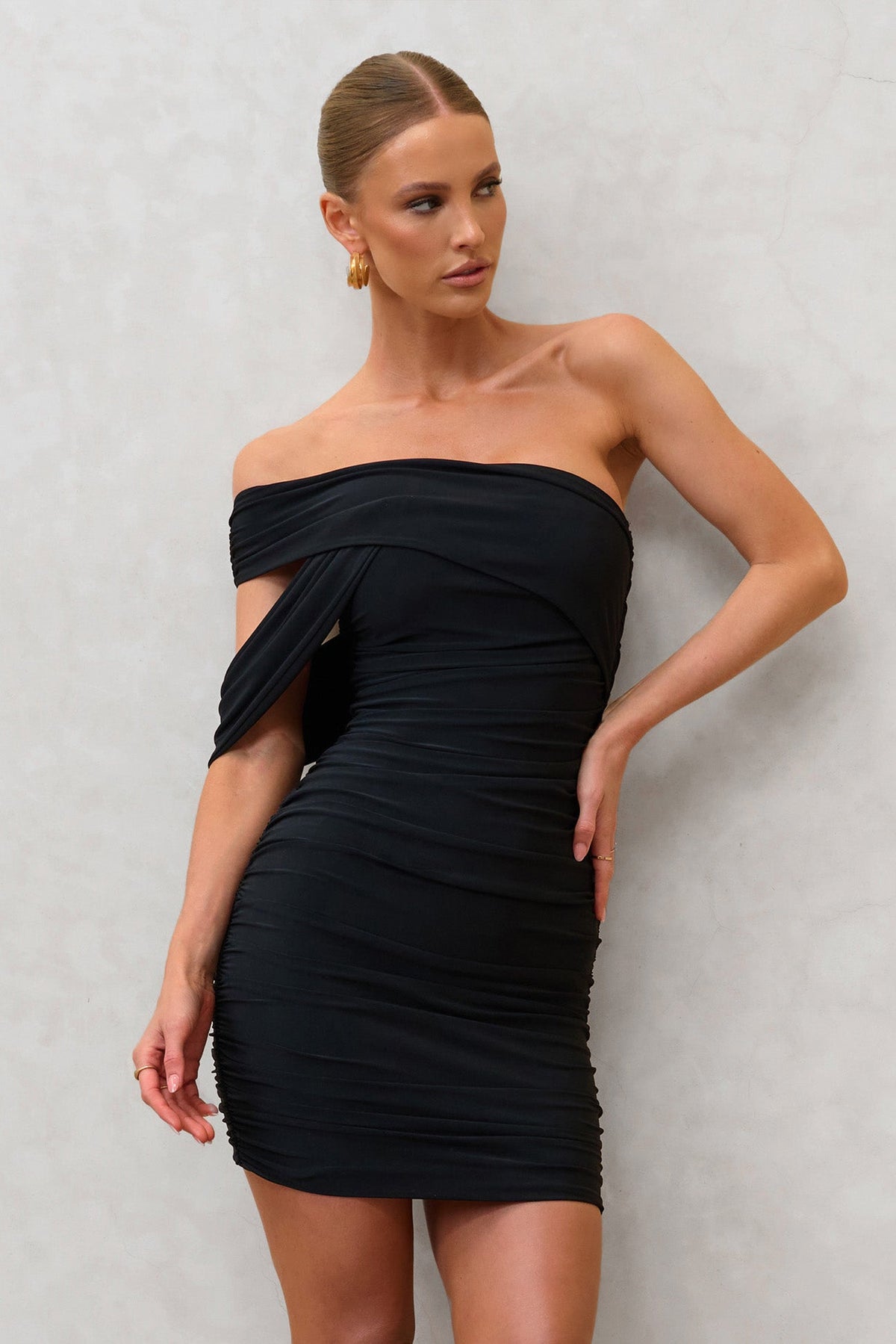 Off Shoulder Twist Front Ruched Black Dress