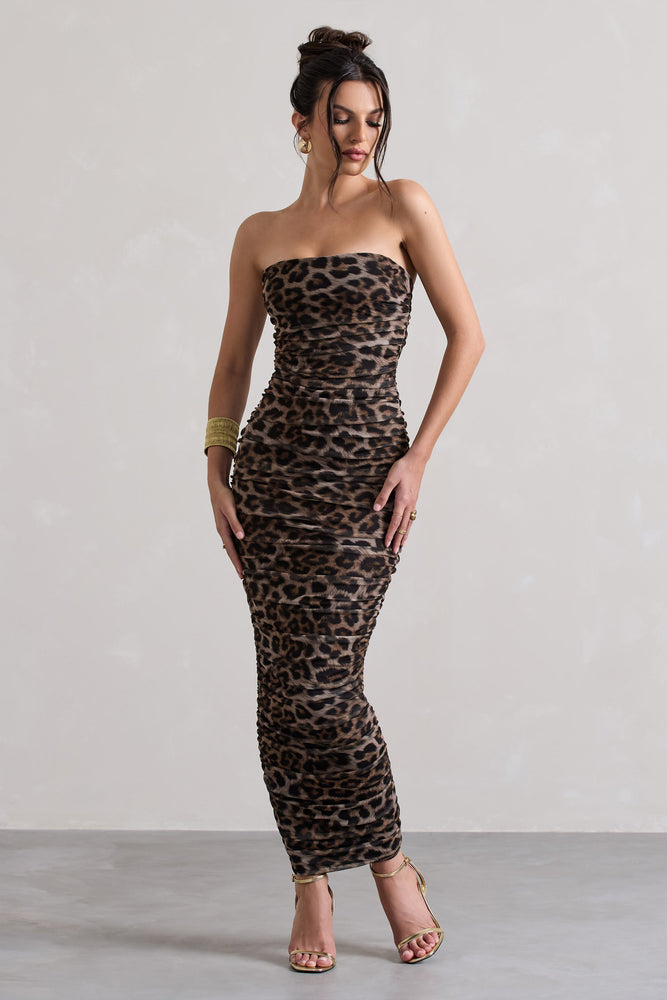 My Lady Leopard Print Strapless Bodycon Ruched Mesh Midi Dress – Club L ...