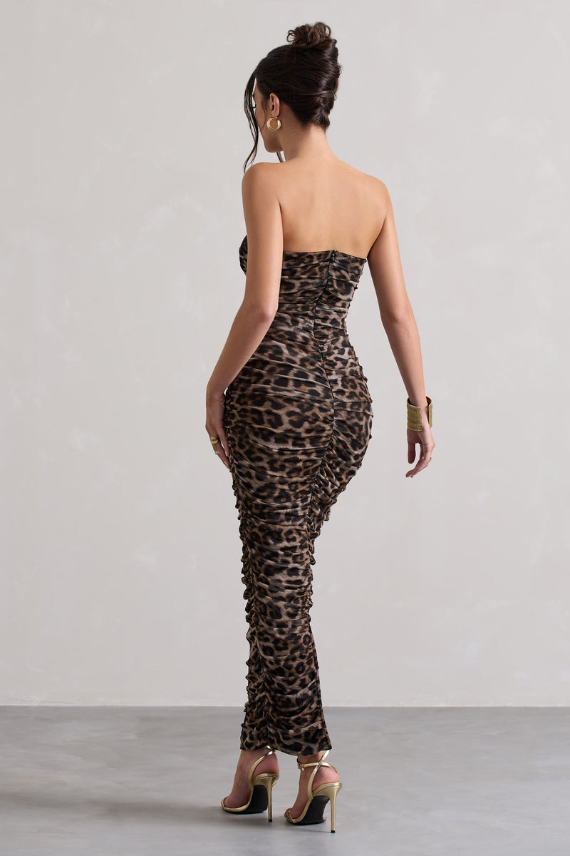 My Lady Leopard Print Strapless Bodycon Ruched Mesh Midi Dress – Club L ...