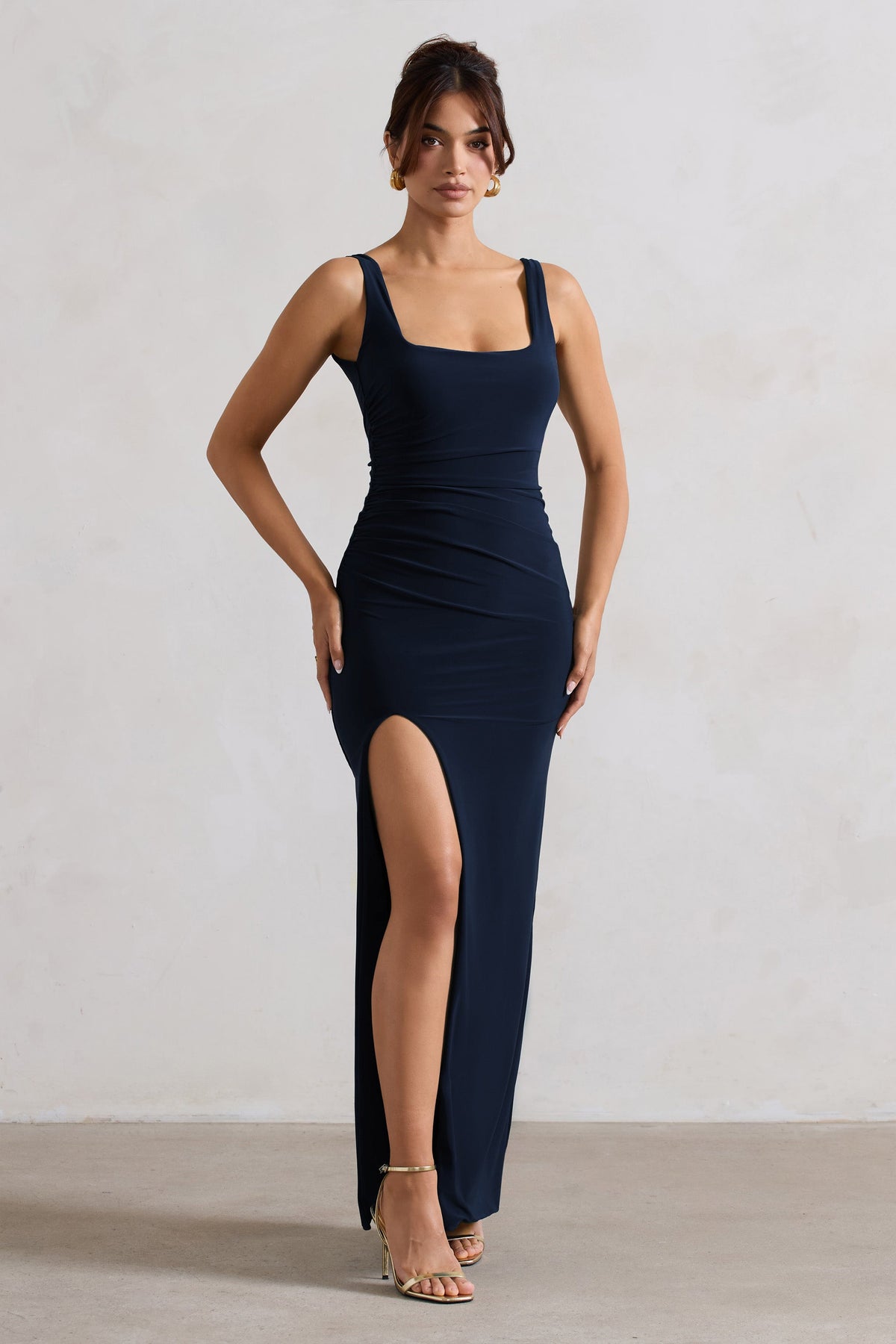 Kate Navy Square Neck Maxi Dress with Plunge Back and Side Thigh 