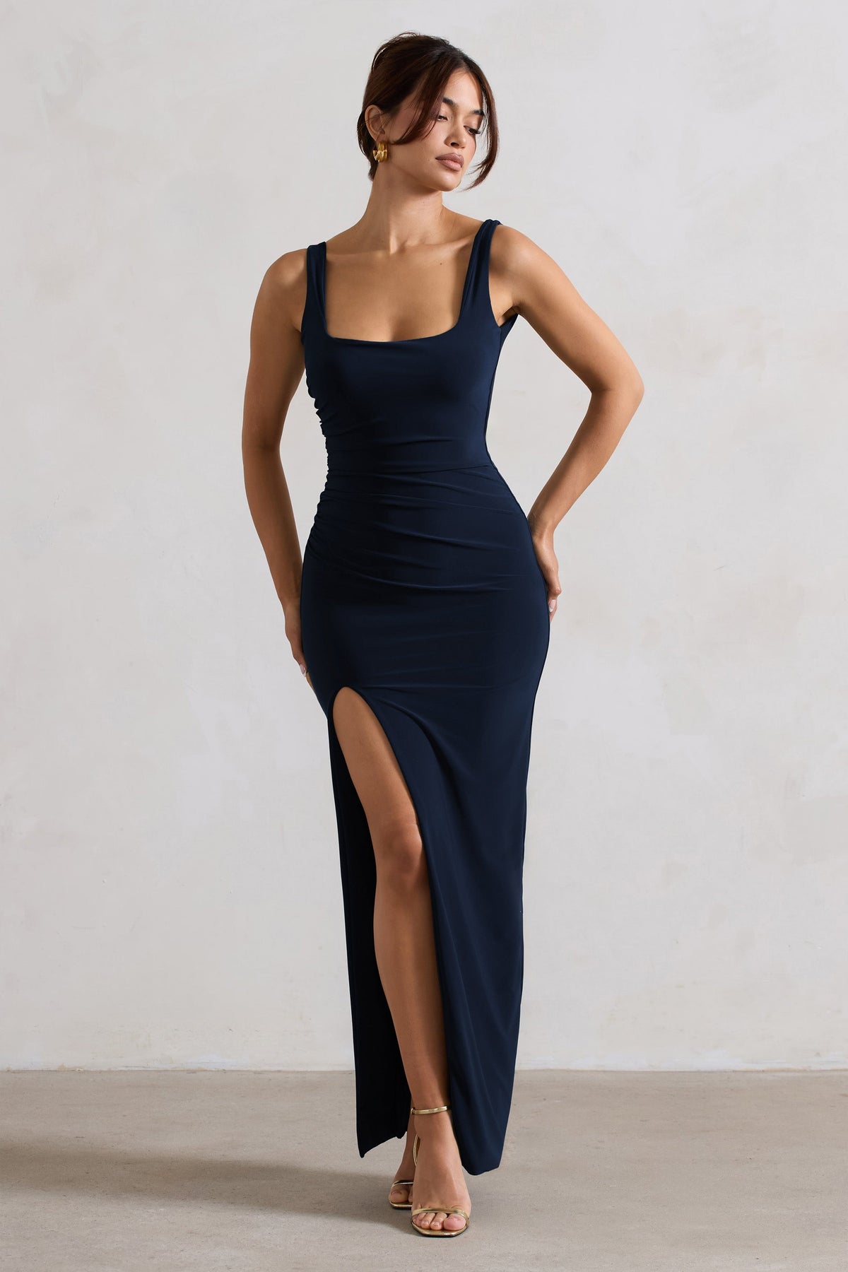 Kate | NAVY Square Neck Maxi Dress with Plunge Back and Side Thigh Split US 6 / NAVY Kate | NAVY Square Neck Maxi Dress with Plunge Back and Side Thigh Split US 6 / NAVY