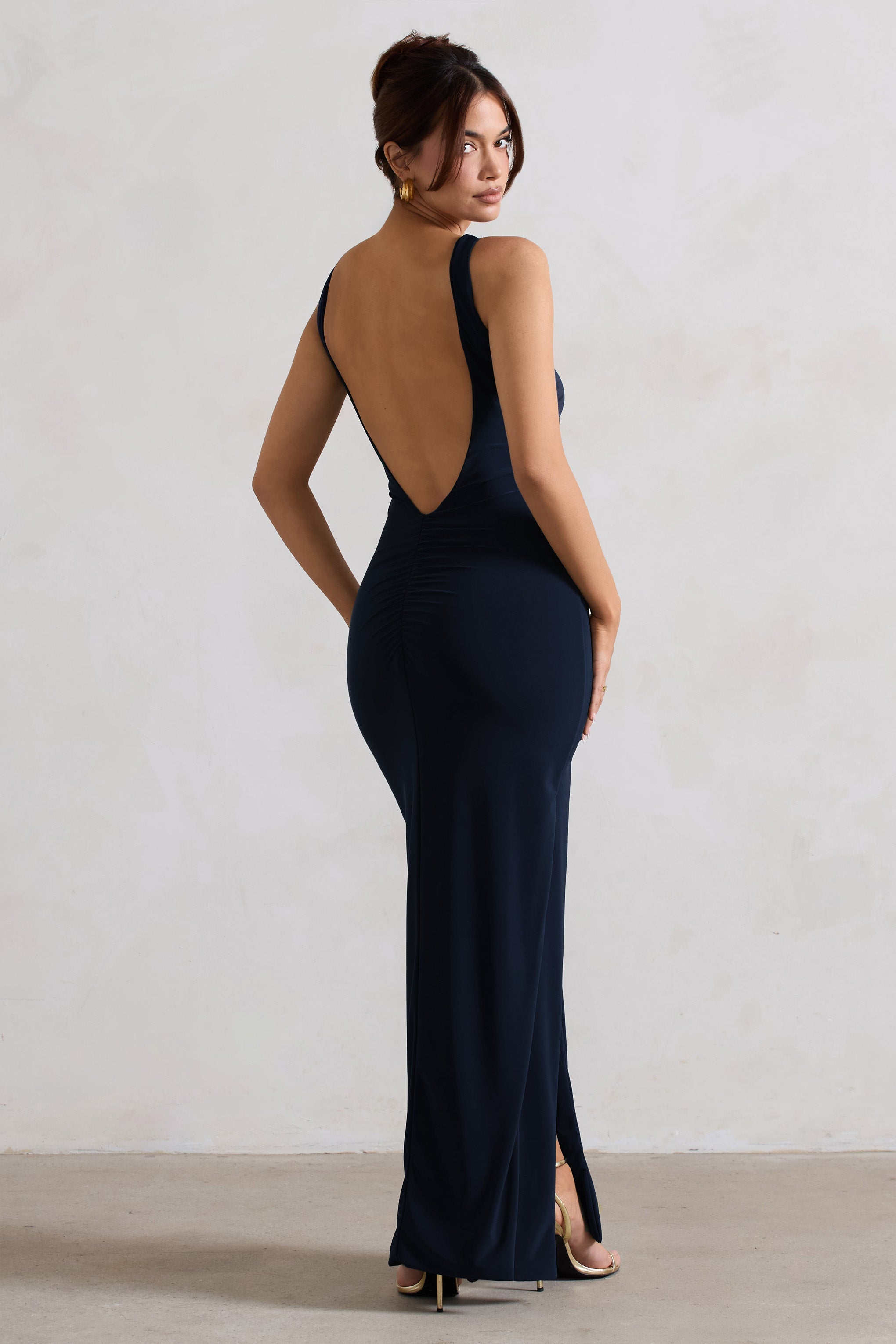 Kate | Navy Square Neck Maxi Dress with Plunge Back and Side Thigh