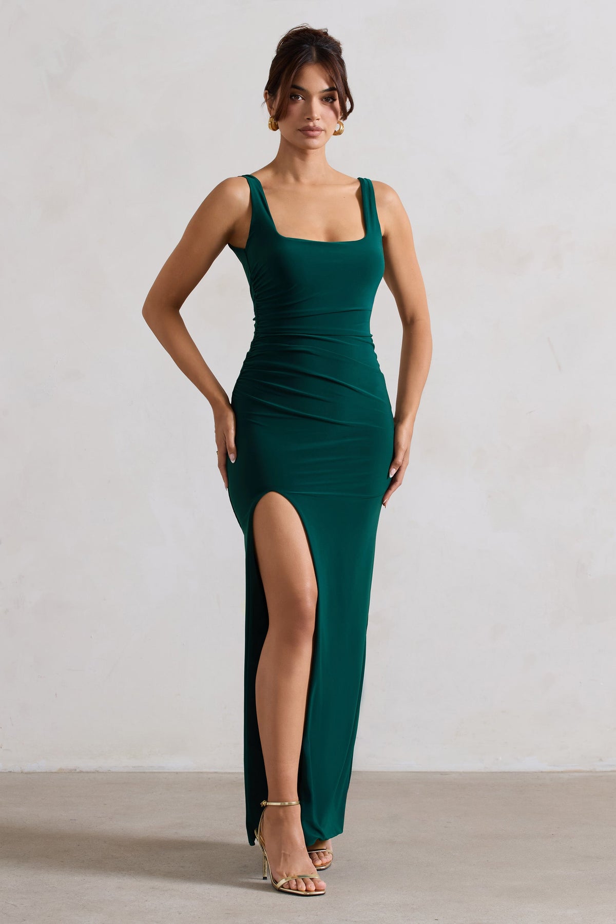 Kate Bottle Green Square Neck Maxi Dress with Plunge Back and Side Thigh Split Club L London - USA Kate Bottle Green Square Neck Maxi Dress with Plunge Back and Side Thigh Split Club L London - USA