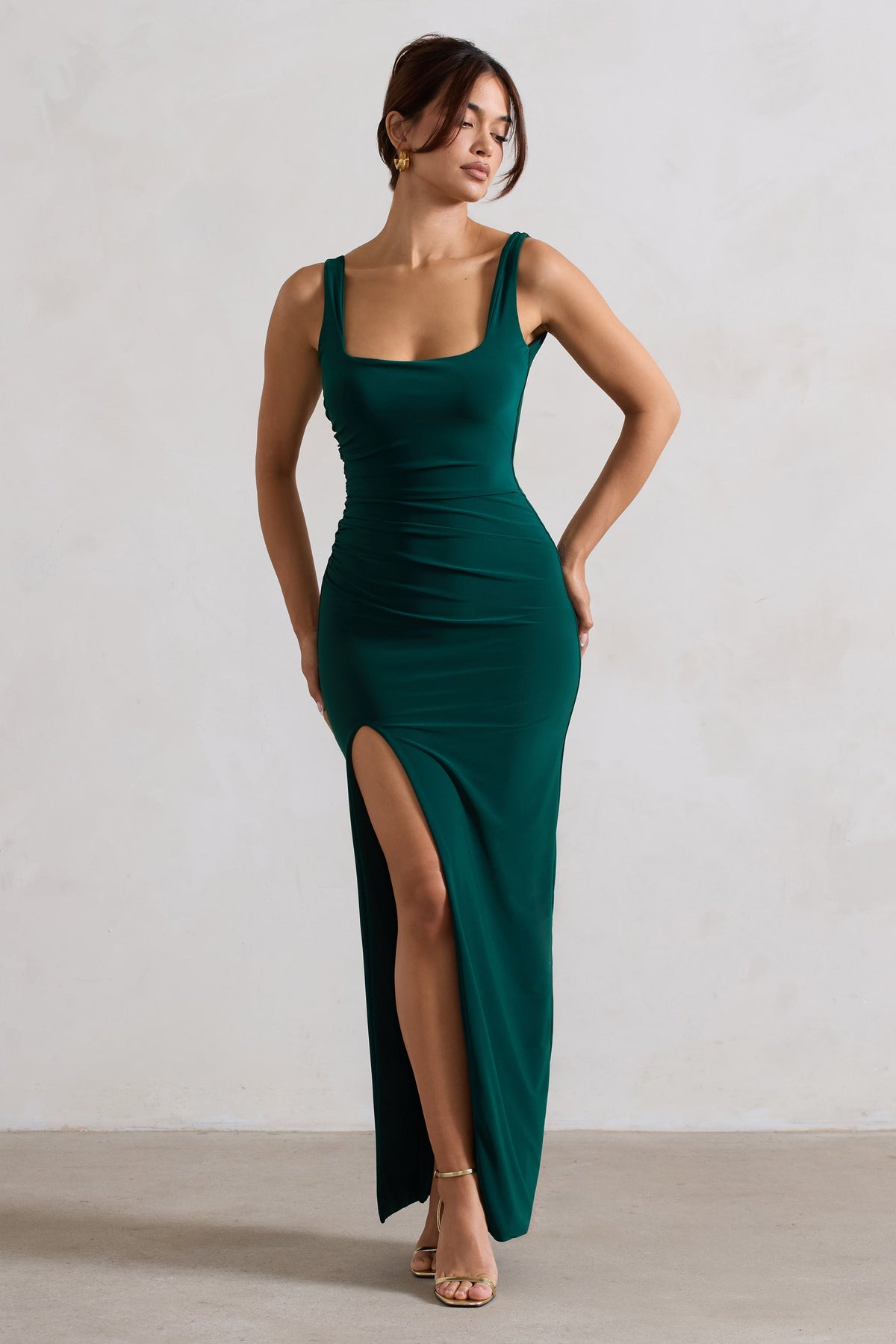 Kate | Bottle Green Square Neck Maxi Dress with Plunge Back and Side Thigh Split US 6 / Bottle Green Kate | Bottle Green Square Neck Maxi Dress with Plunge Back and Side Thigh Split US 6 / Bottle Green