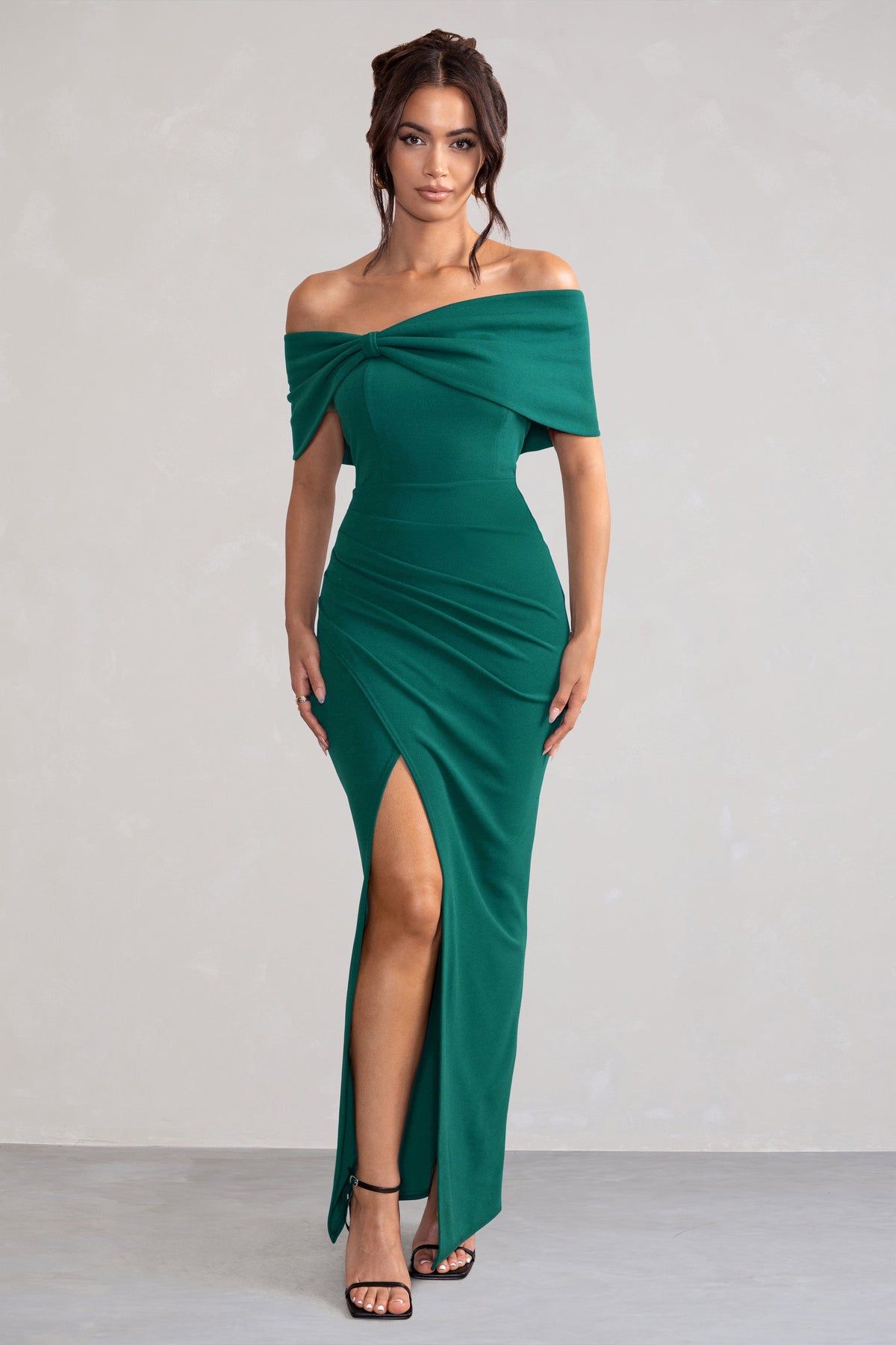 Eva Green Bardot Bow Detail Maxi Dress With Thigh Split Club L London - USA Eva Green Bardot Bow Detail Maxi Dress With Thigh Split Club L London - USA