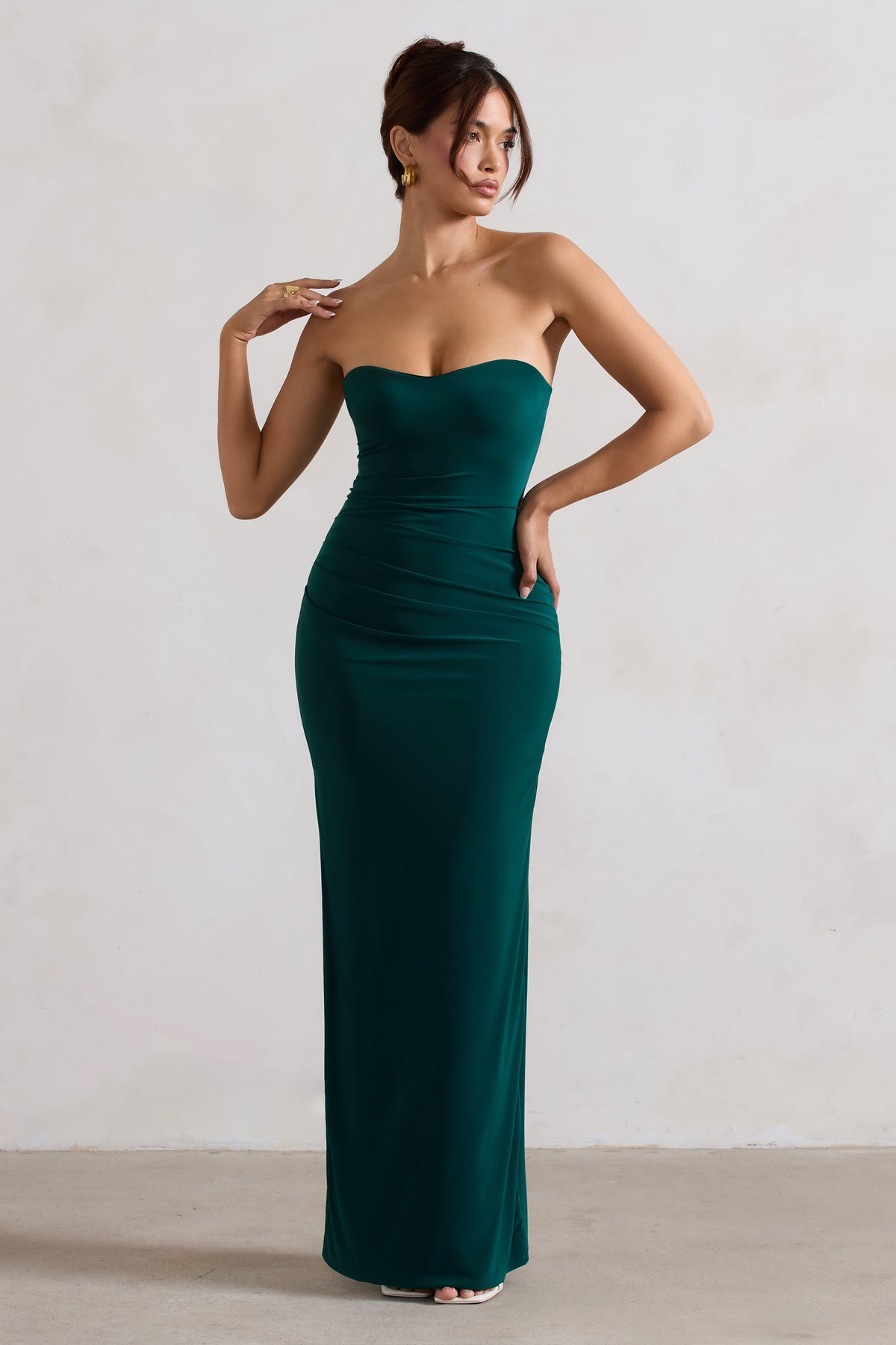 Manon Bottle Green Sweetheart Bandeau Maxi Dress With Thigh Split 