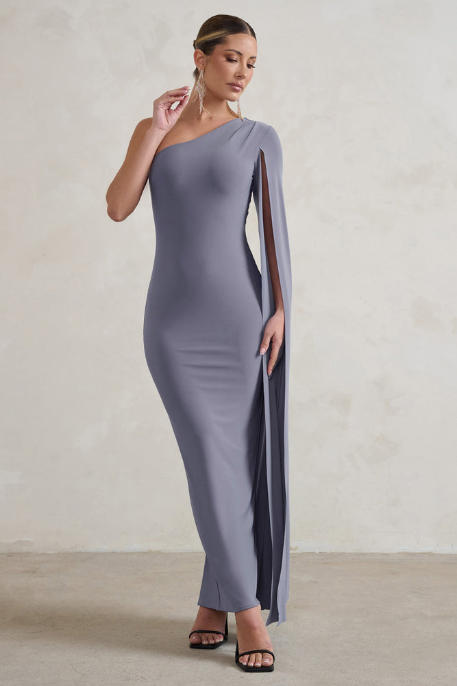 Dominique | Grey One Shoulder Cape Sleeve Bodycon Maxi Dress