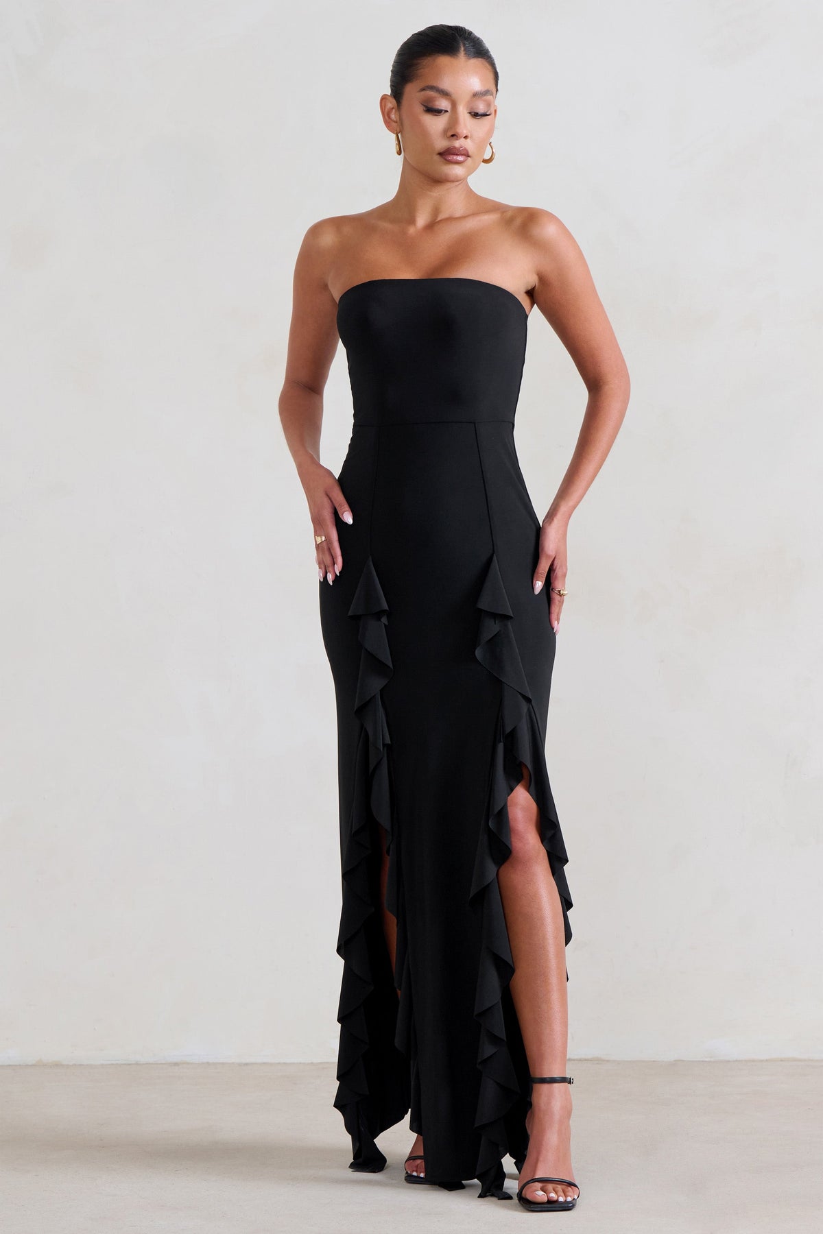 After Hours Black Strapless Ruffled Maxi Dress
