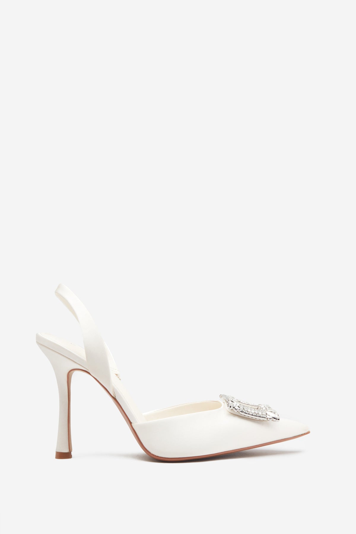 Just A Fling Ivory Satin Sling Back Heels With Diamante Brooches – Club L  London - USA