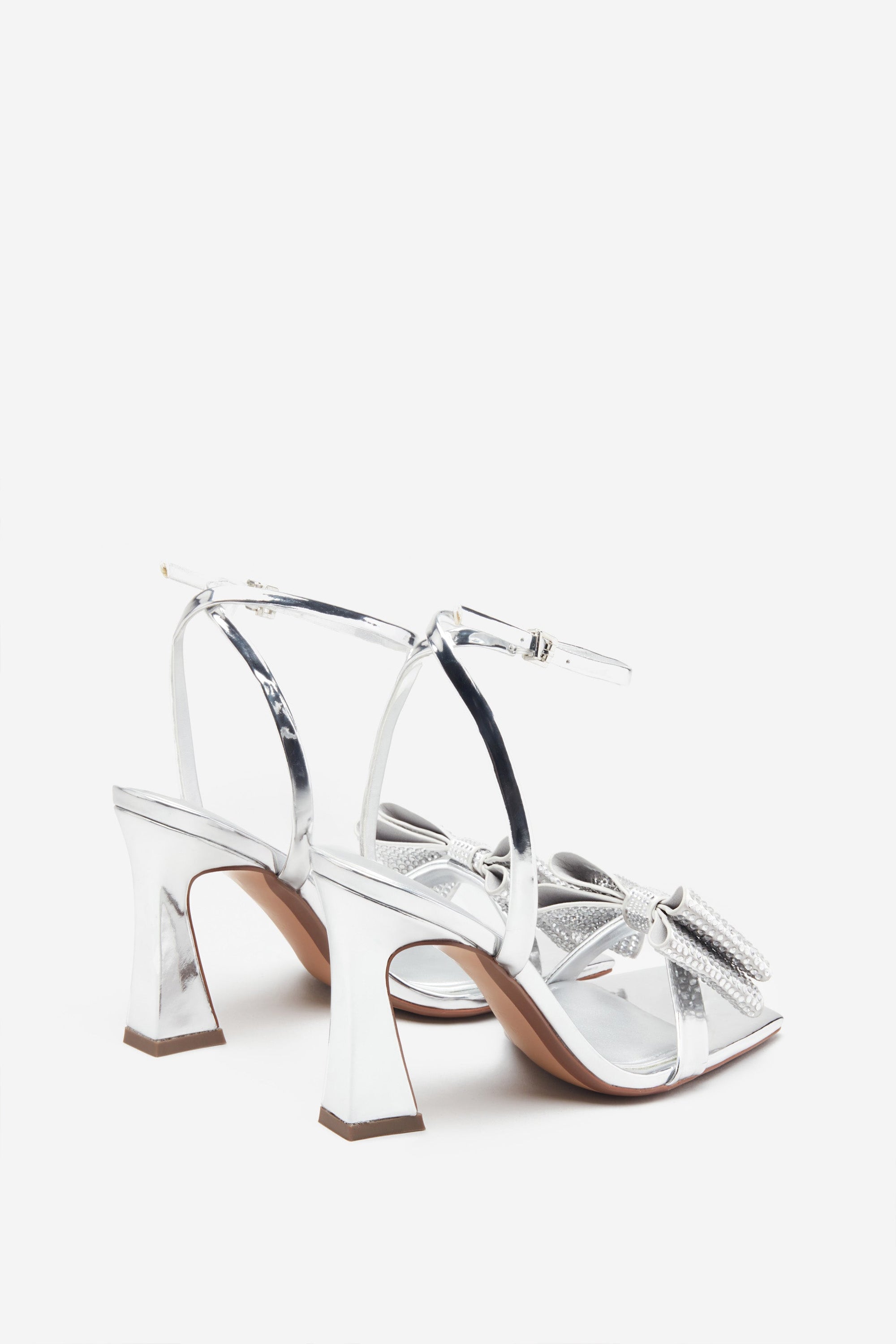 Headlines | Silver Ankle Strap Heeled Sandals With Diamante Bows - Club L London - USA