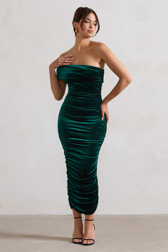 Remember Me Bottle Green Velvet One Shoulder Midi Dress – Club L 