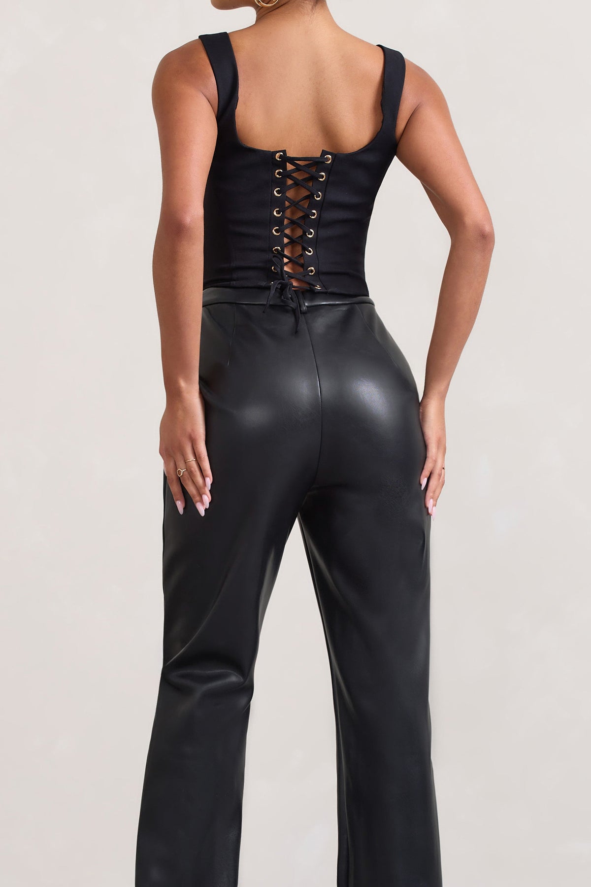 Black Straight Leg High Waisted Faux Leather Pants