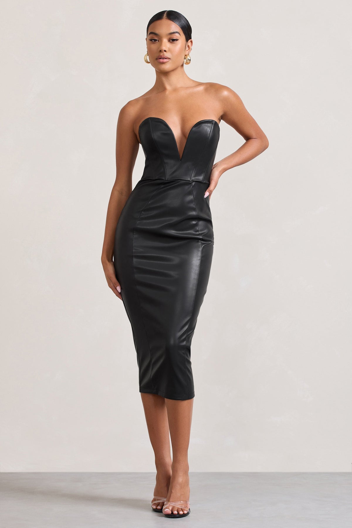 Hailey Black Faux Leather Strapless Sweetheart Corset Midi Dress