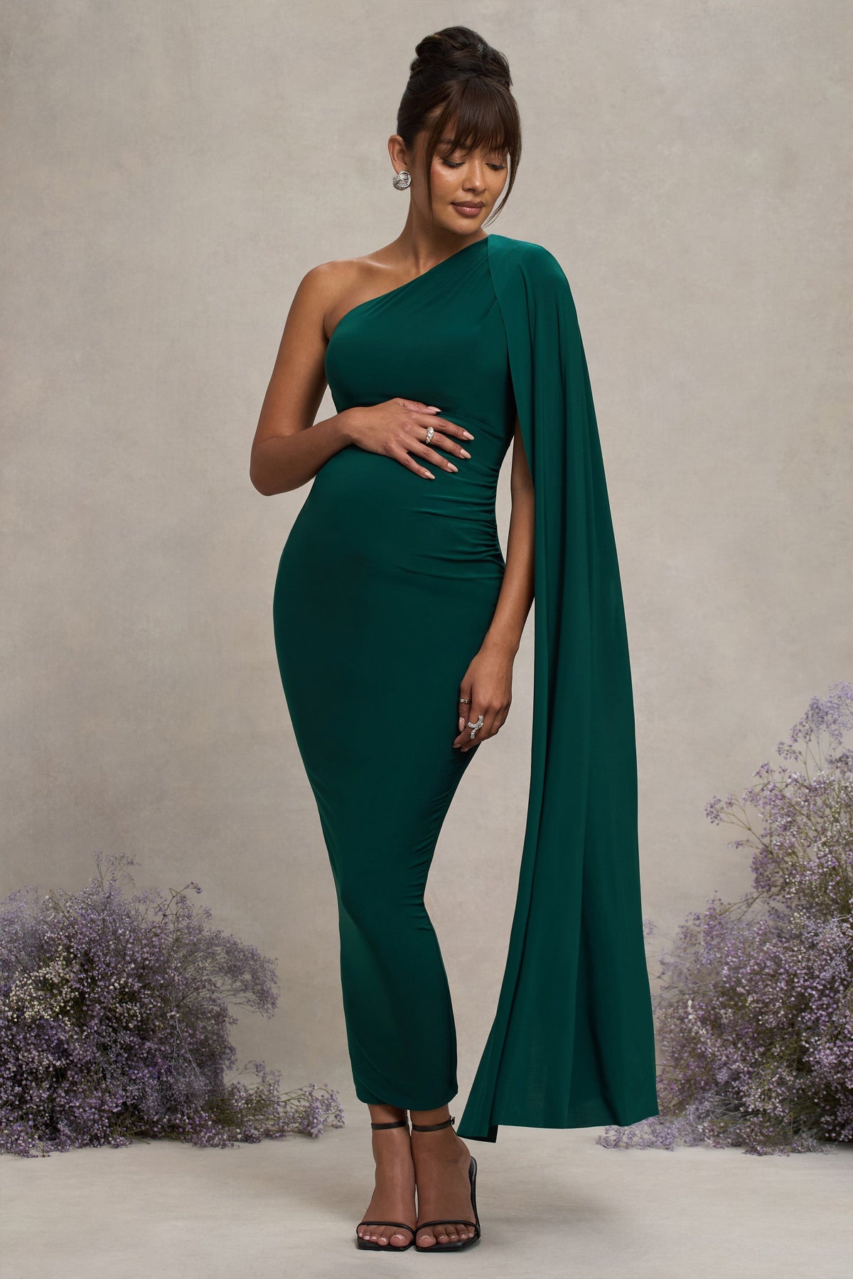 Amaryllis Bottle Green Maternity One Shoulder Maxi Dress with Cape Sleeve Club L London - USA Amaryllis Bottle Green Maternity One Shoulder Maxi Dress with Cape Sleeve Club L London - USA