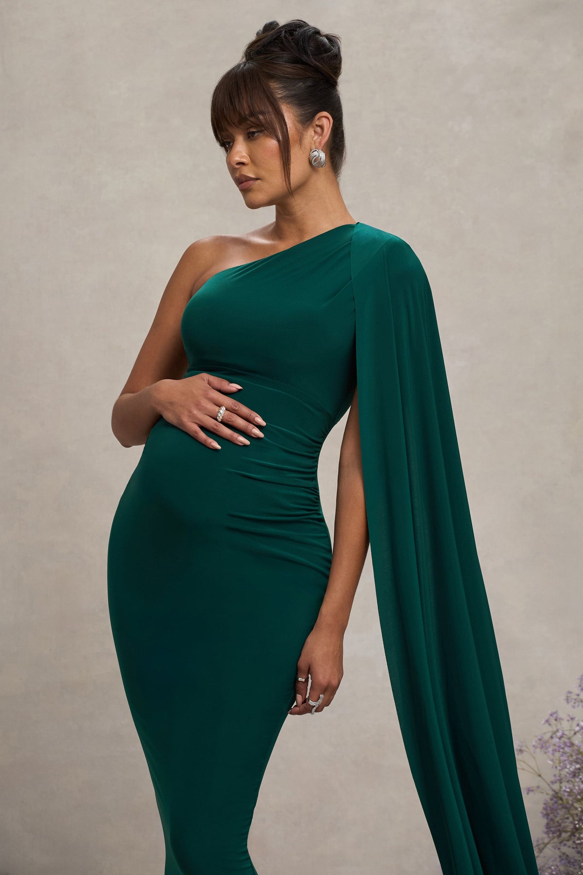 Amaryllis Bottle Green Maternity One Shoulder Maxi Dress with Cape Sleeve Club L London - USA Amaryllis Bottle Green Maternity One Shoulder Maxi Dress with Cape Sleeve Club L London - USA