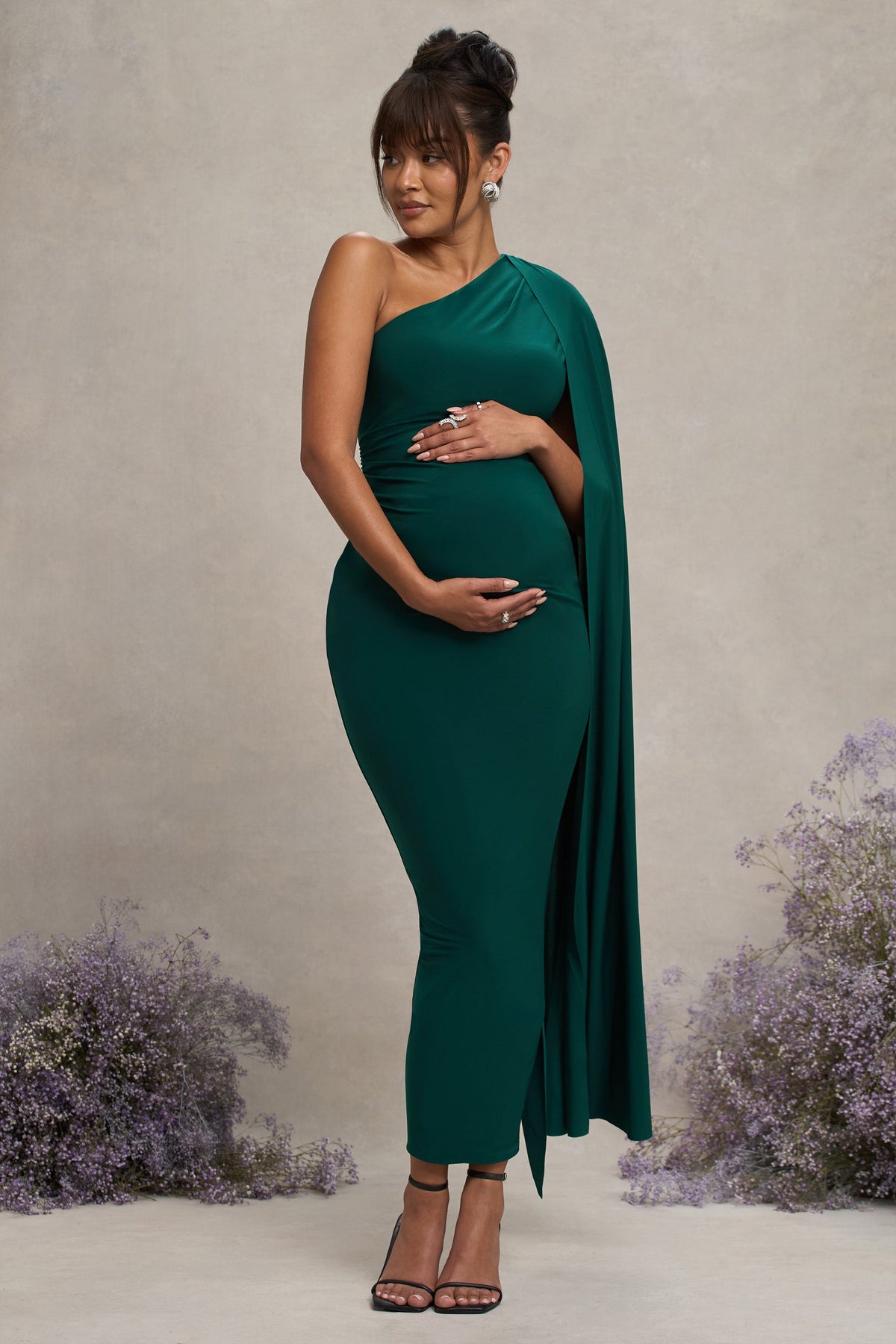 Amaryllis Bottle Green Maternity One Shoulder Maxi Dress with Cape Sleeve Club L London - USA Amaryllis Bottle Green Maternity One Shoulder Maxi Dress with Cape Sleeve Club L London - USA