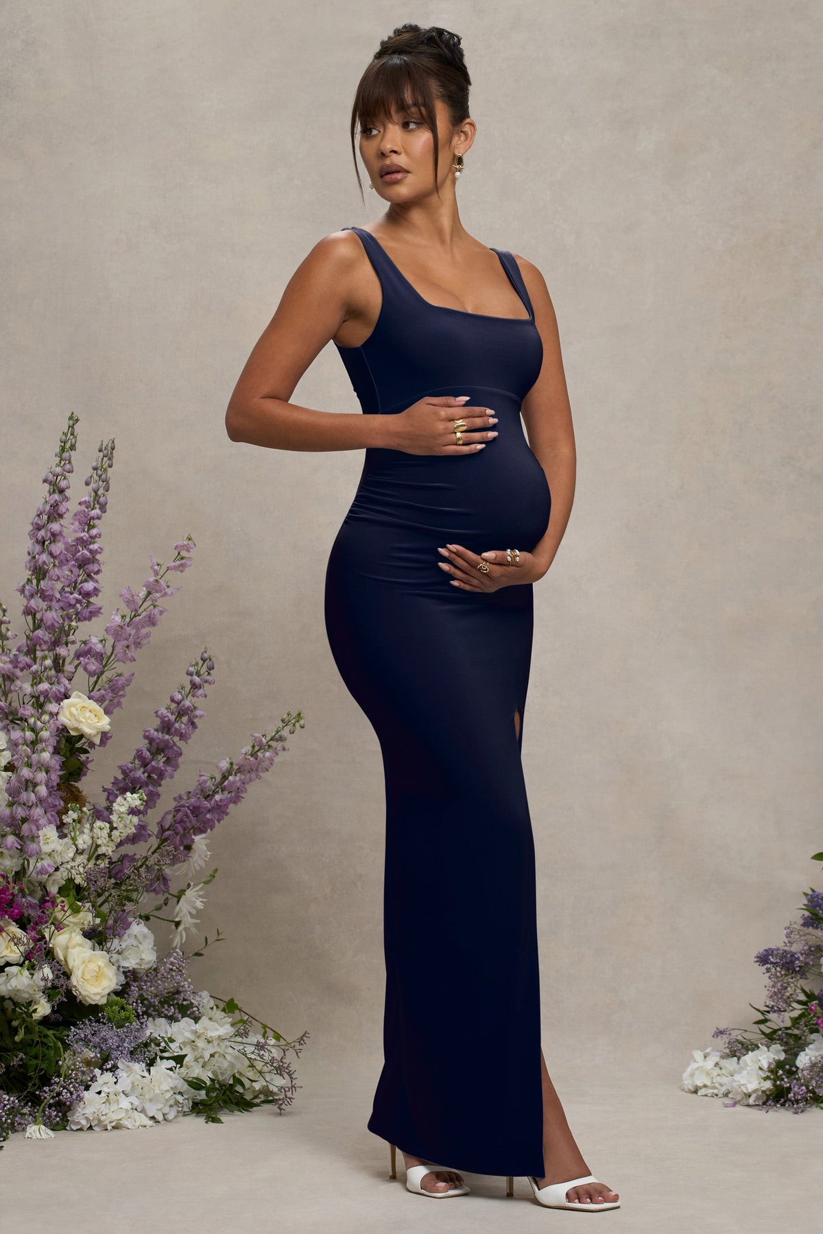 Avril | Navy Square Neck Maternity Maxi Dress with Split