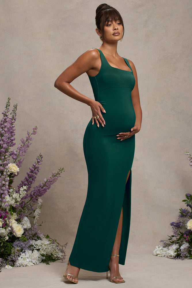 Avril Bottle Green Square Neck Maternity Maxi Dress with Split Club L London - USA Avril Bottle Green Square Neck Maternity Maxi Dress with Split Club L London - USA