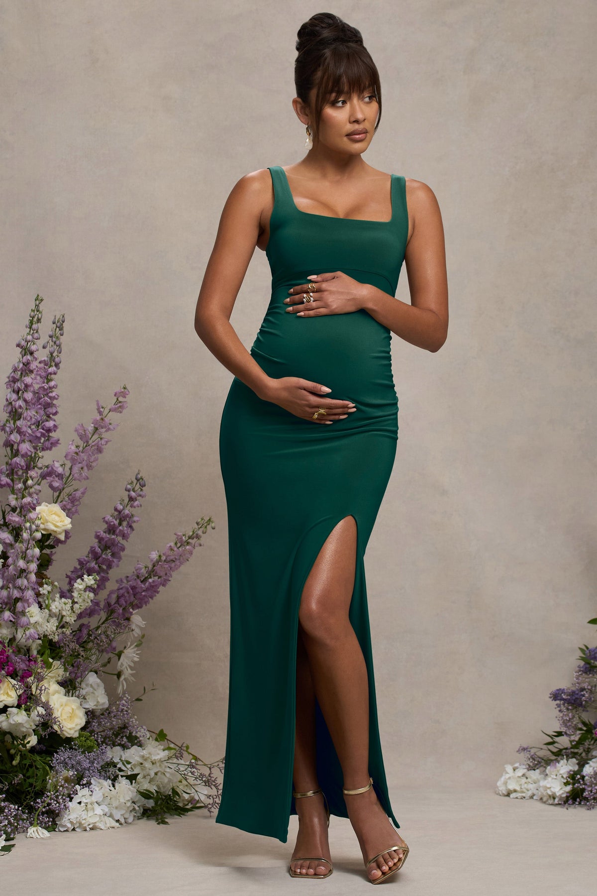 Avril Bottle Green Square Neck Maternity Maxi Dress with Split Club L London - USA Avril Bottle Green Square Neck Maternity Maxi Dress with Split Club L London - USA