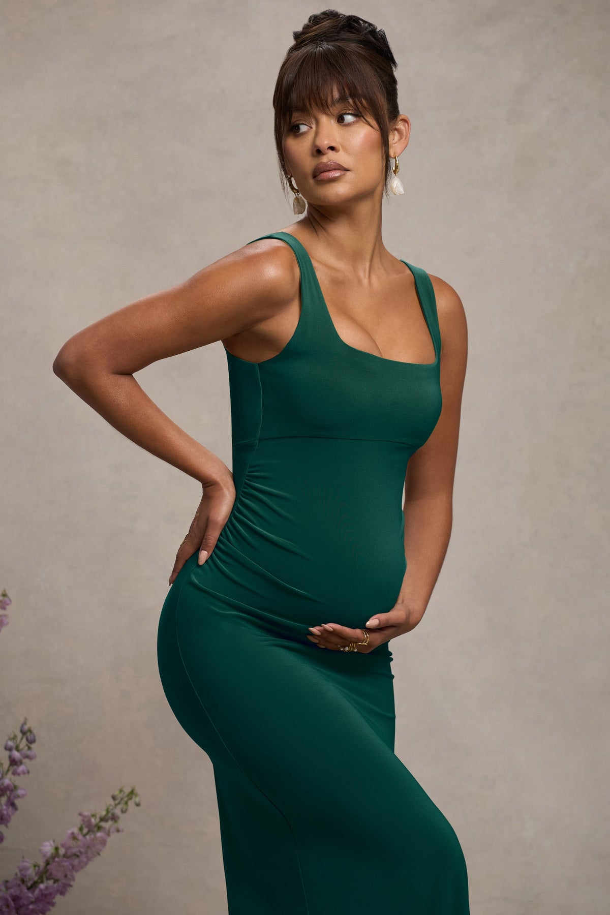 Avril Bottle Green Square Neck Maternity Maxi Dress with Split Club L London - USA Avril Bottle Green Square Neck Maternity Maxi Dress with Split Club L London - USA