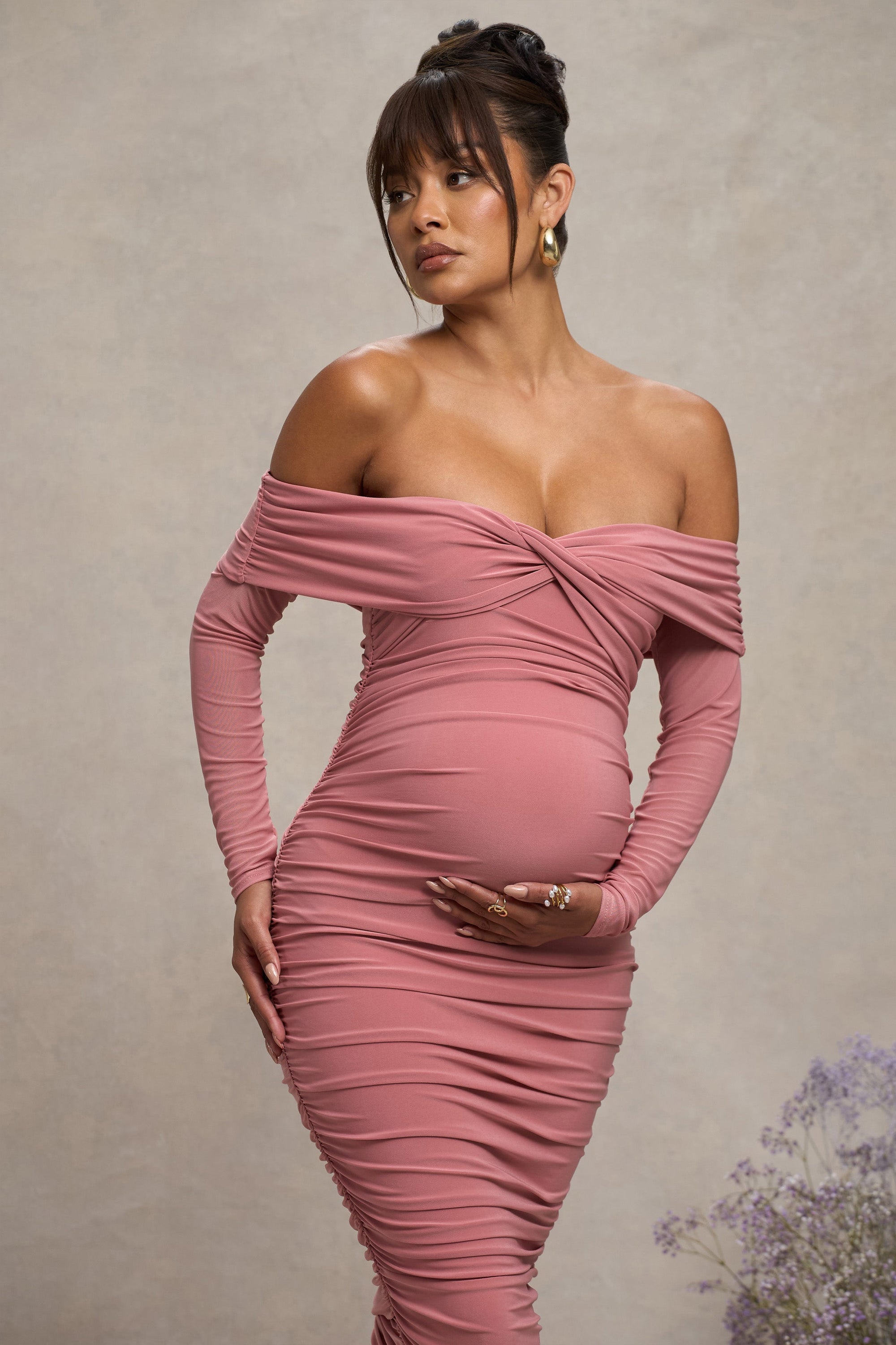 Neva | Blush Bardot Twist Maternity Midi Dress - Club L London - USA