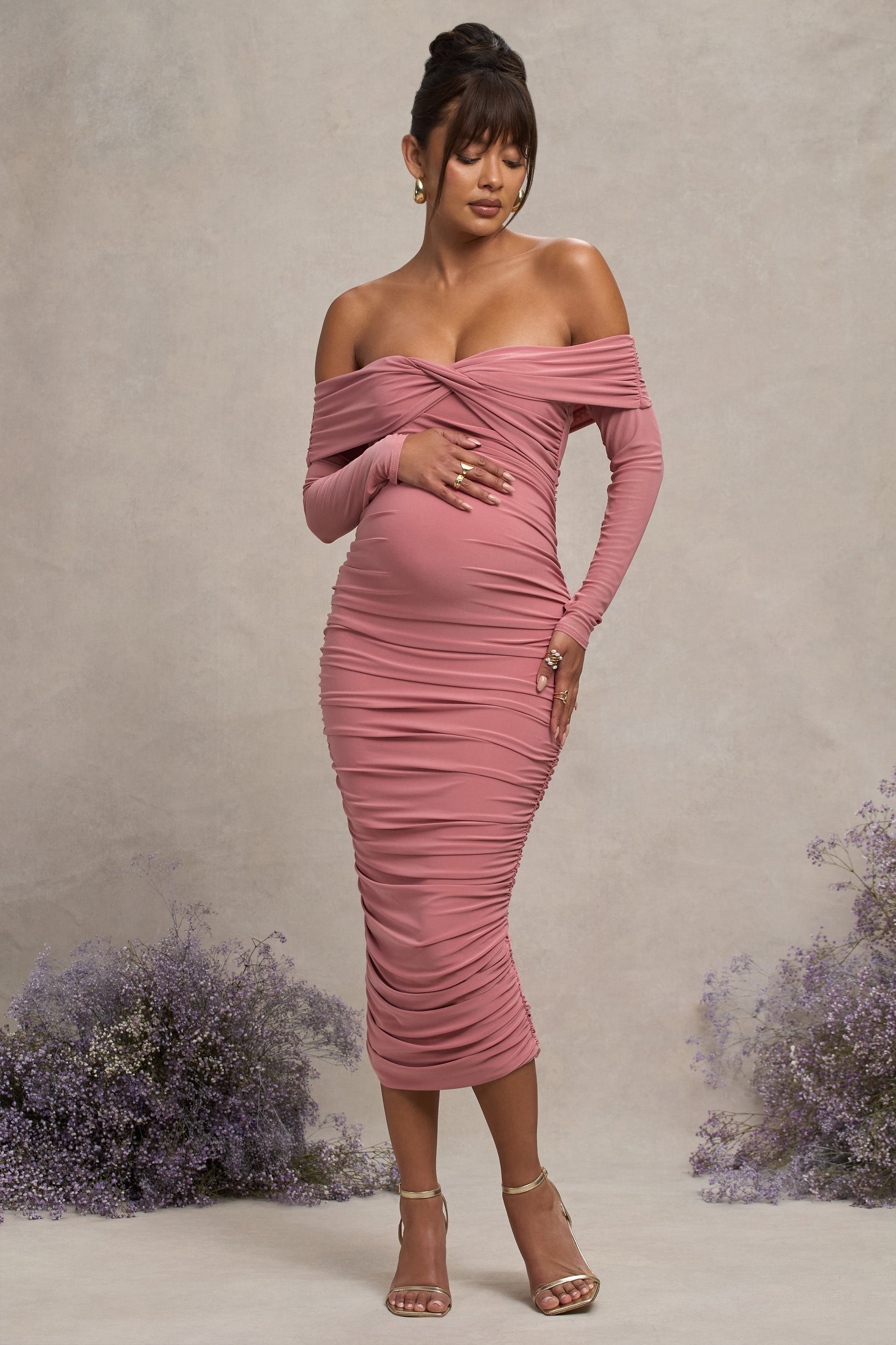 Neva | Blush Bardot Twist Maternity Midi Dress - Club L London - USA