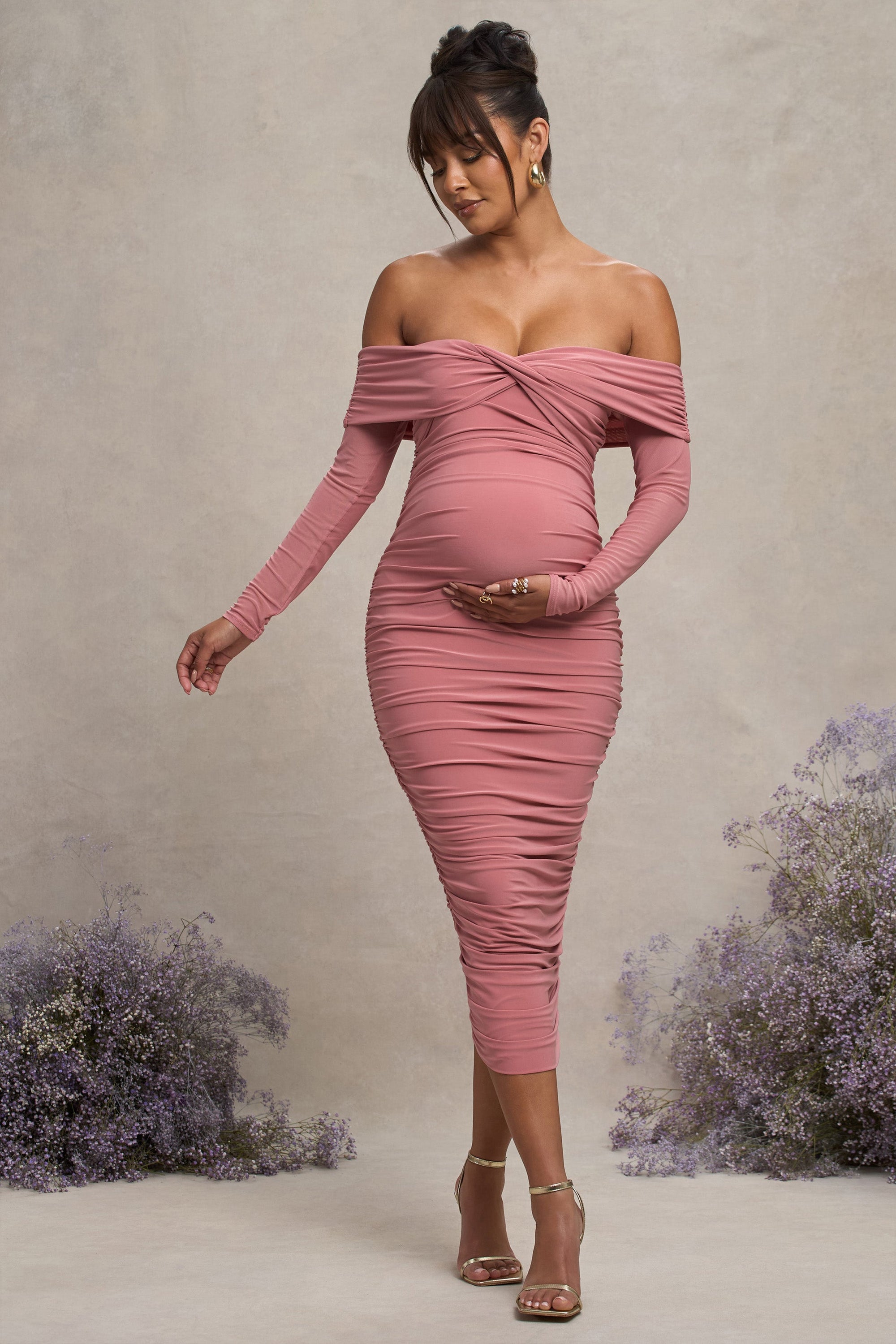Neva | Blush Bardot Twist Maternity Midi Dress - Club L London - USA