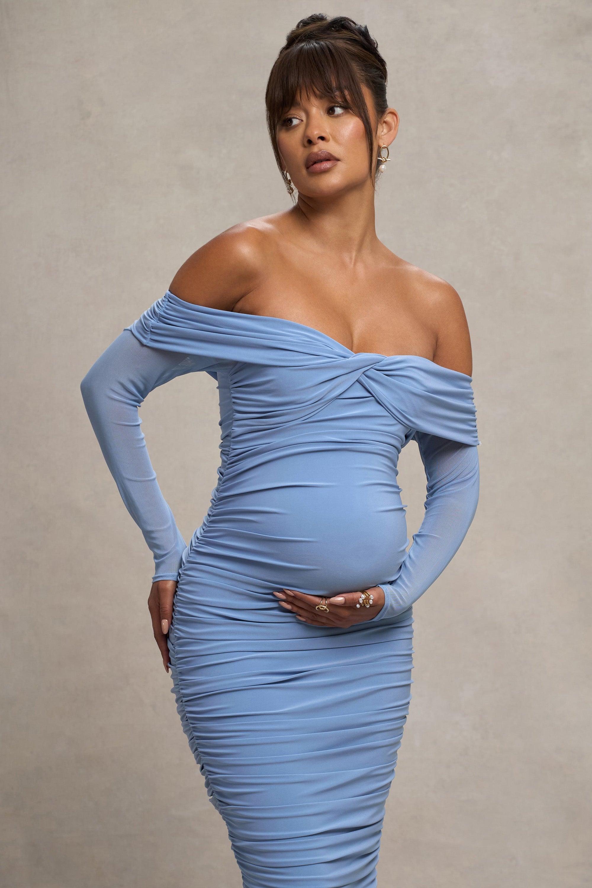 Neva | Powder Blue Bardot Twist Maternity Midi Dress - Club L London - USA