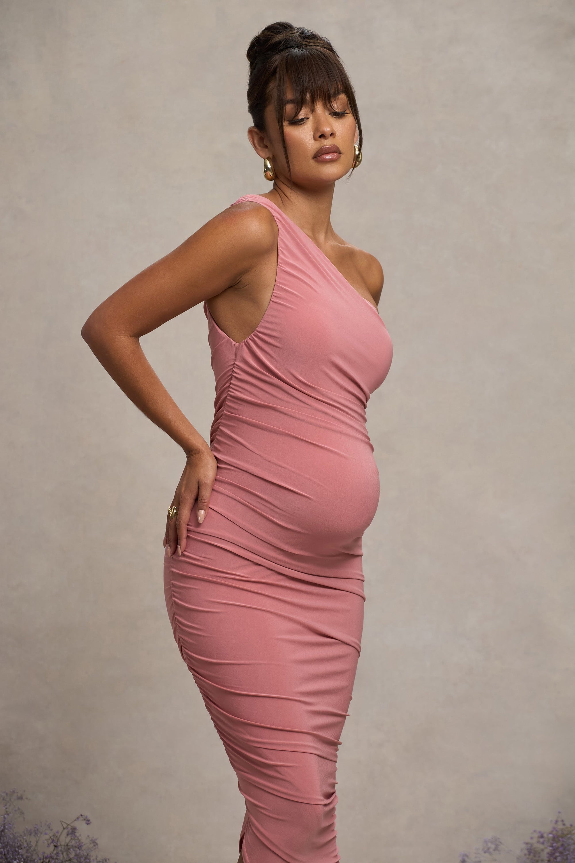 Late Night | Blush Pink Maternity Ruched One Shoulder Midi Dress - Club L London - USA