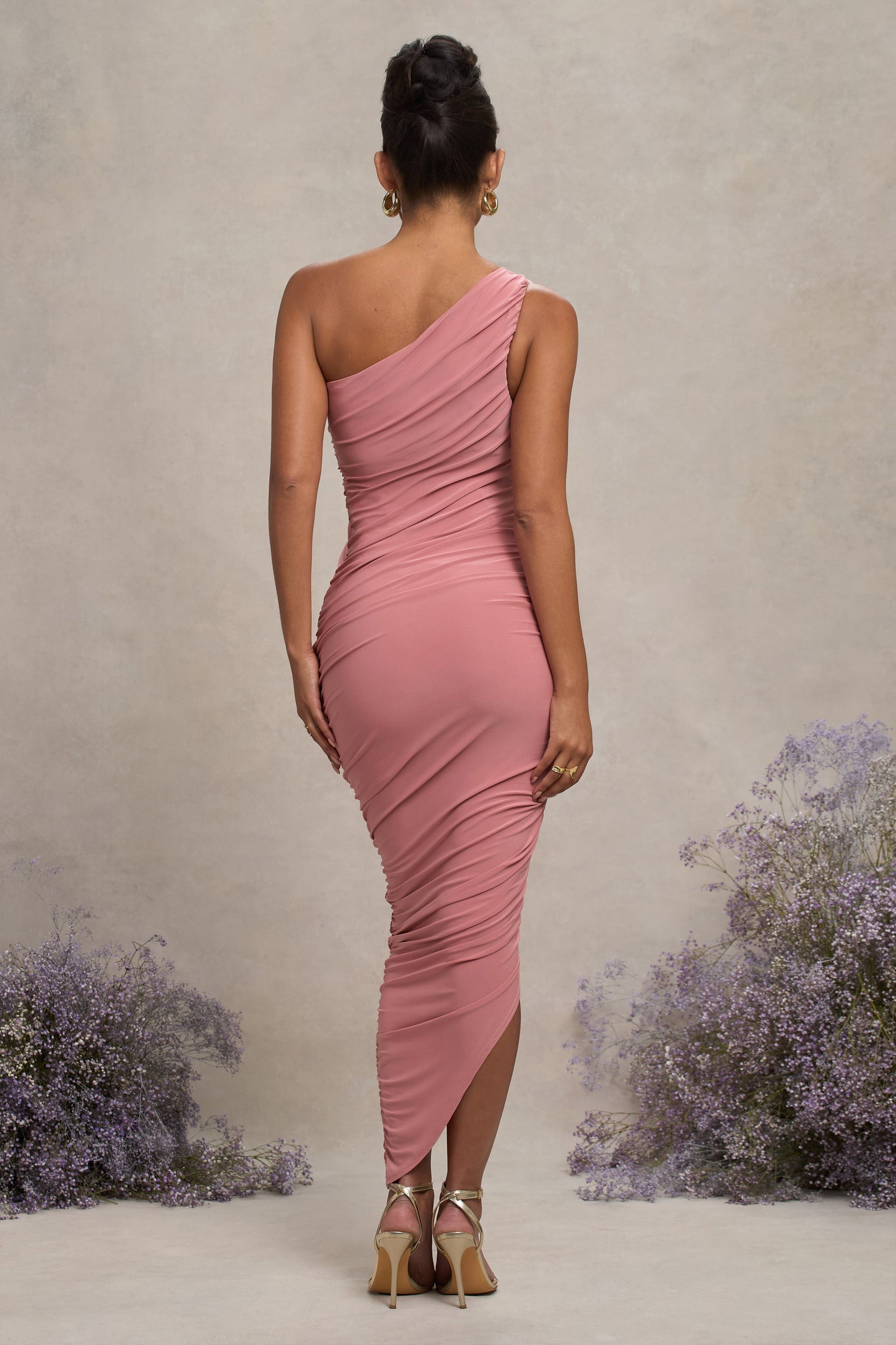 Late Night | Blush Pink Maternity Ruched One Shoulder Midi Dress - Club L London - USA
