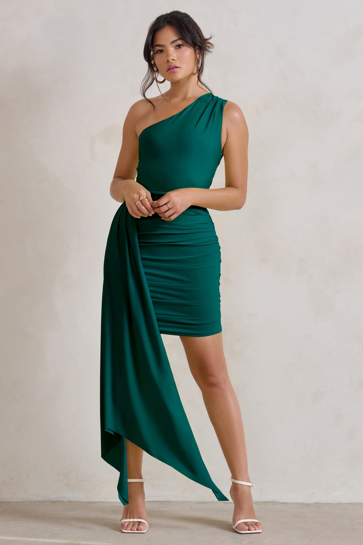 Charlie Bottle Green One Shoulder Ruched Mini Dress With Statement ...