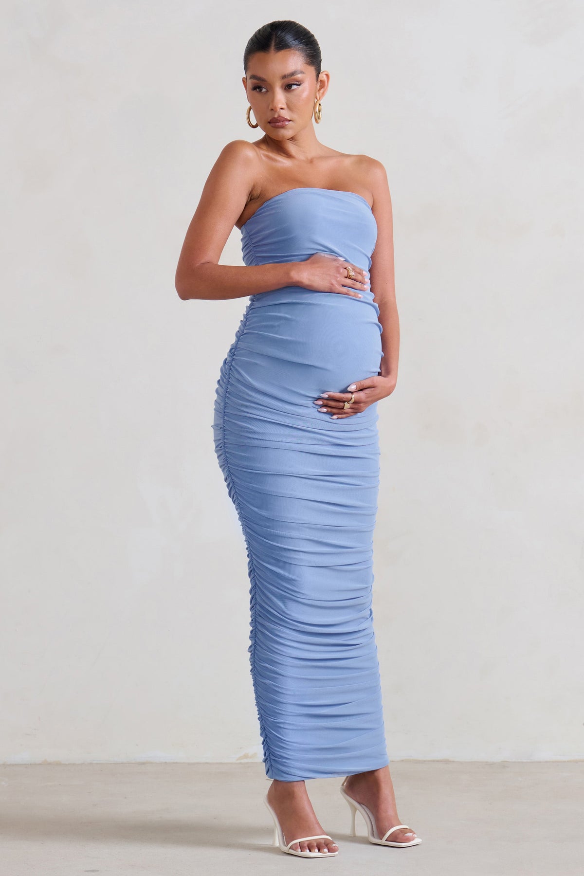 My Lady Maternity Powder Blue Strapless Bodycon Ruched Mesh Maxi