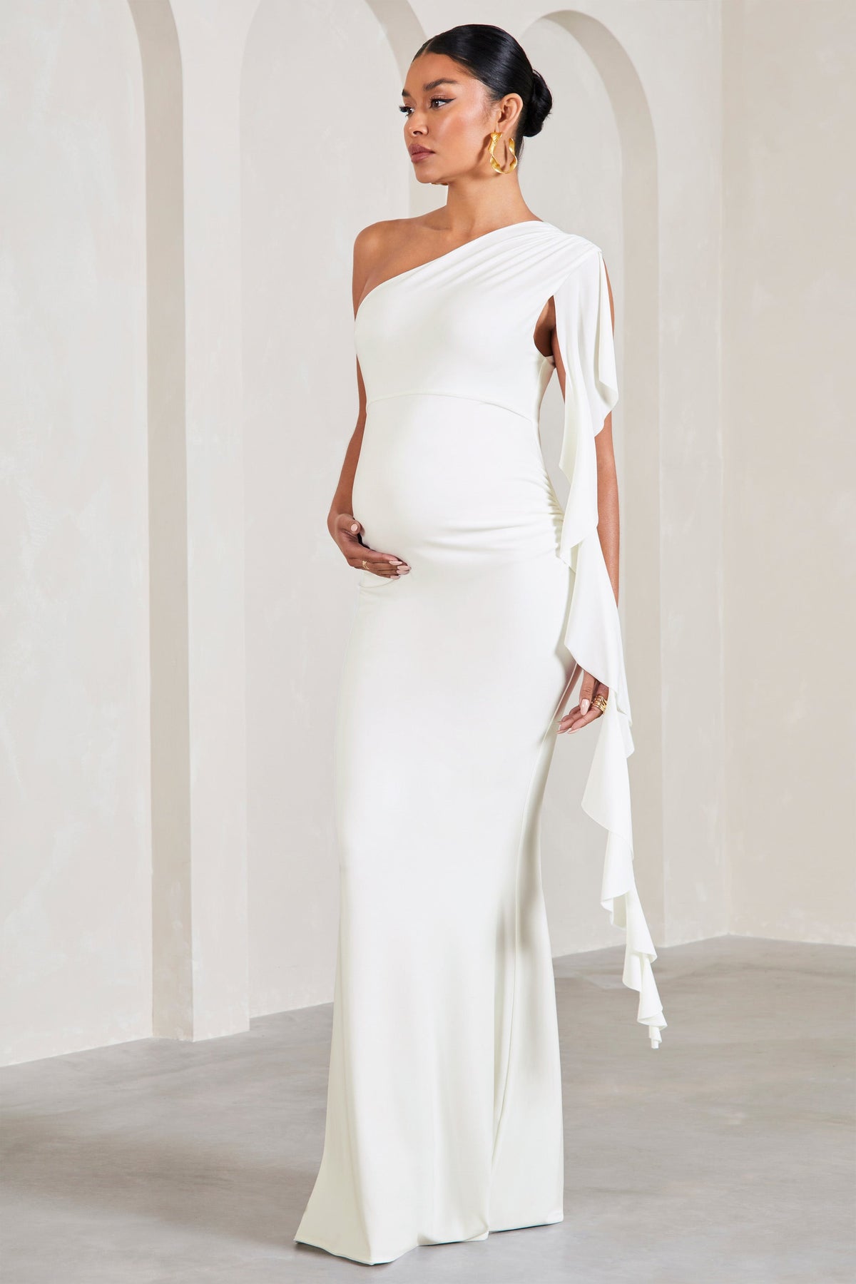 Rosalie White One-Shoulder Maternity Maxi Dress With Ruffles – Club L ...