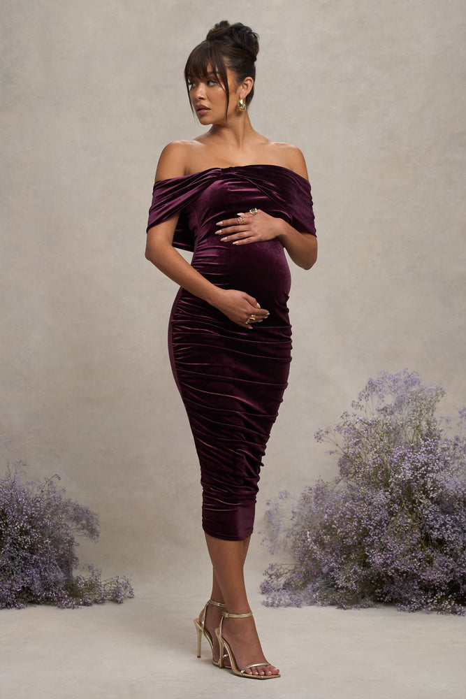 Alyssa Port Velvet Maternity Bardot Bow Maternity Midi Dress