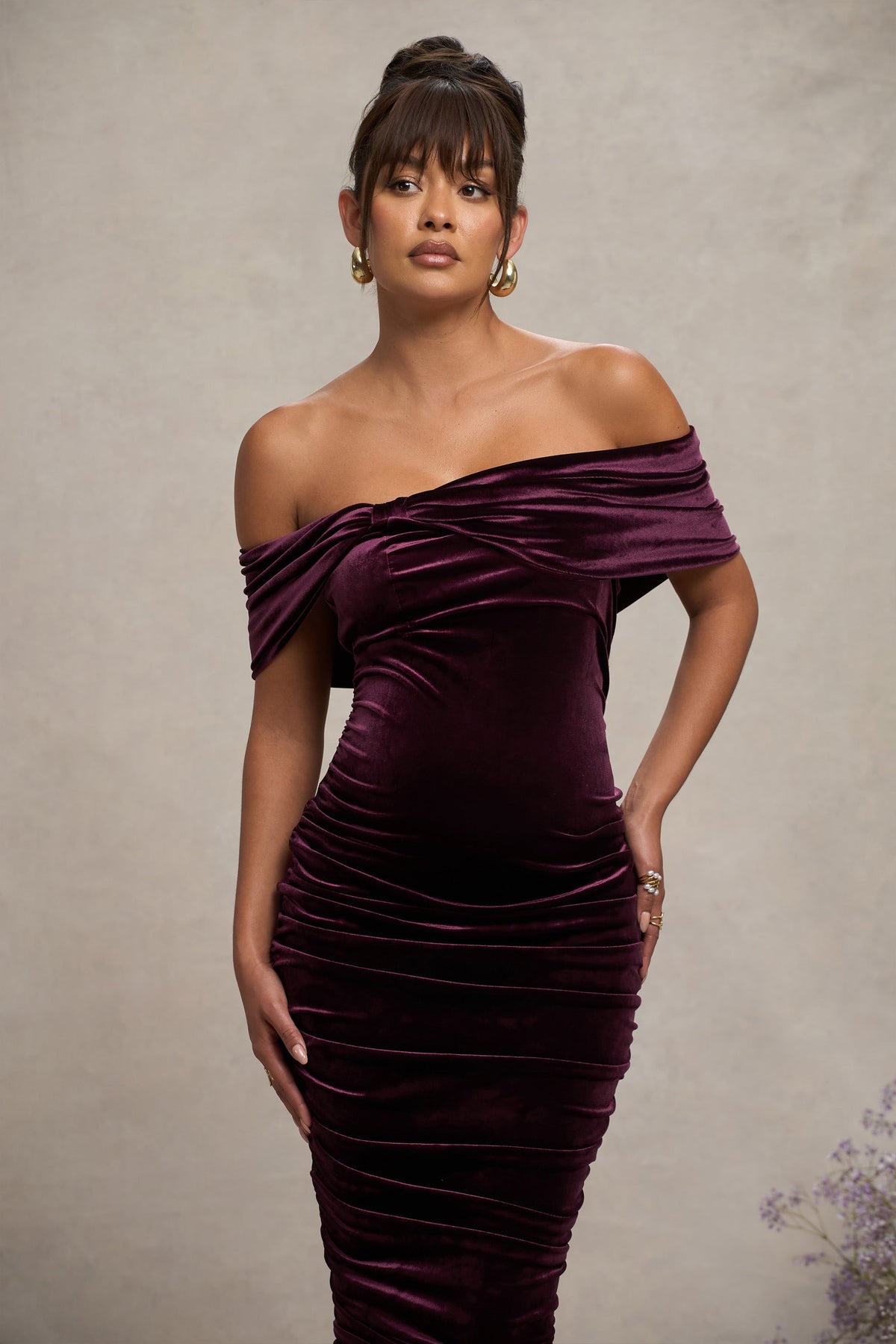 Alyssa Port Velvet Maternity Bardot Bow Maternity Midi Dress with Ru Club L London USA