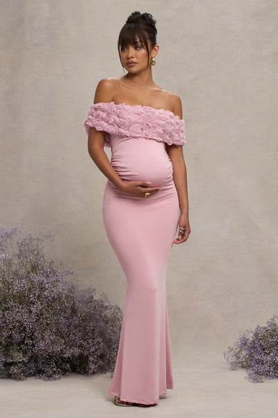 Inflorescence Blush Pink Mesh Floral Bardot Maternity Maxi Dress – Club L  London