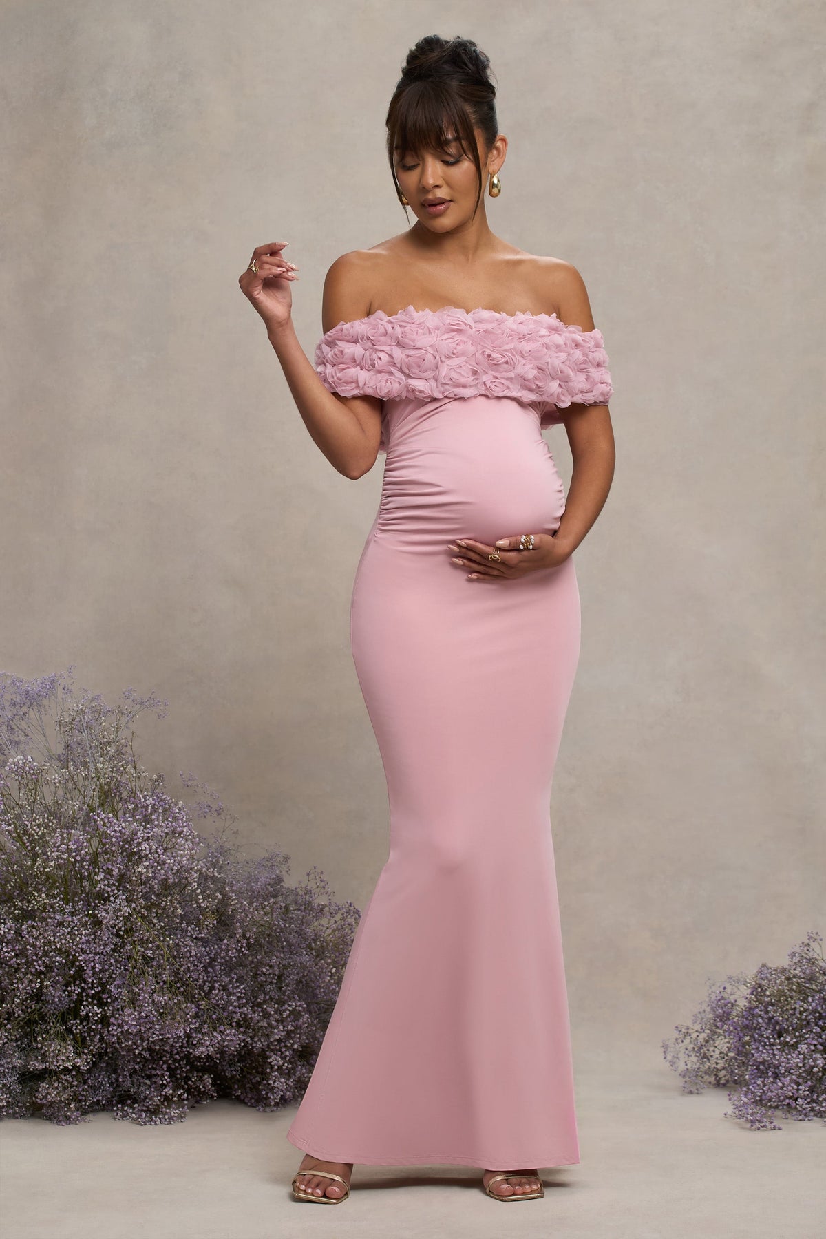 Inflorescence Blush Pink Mesh Floral Bardot Maternity Maxi Dress Club L London USA