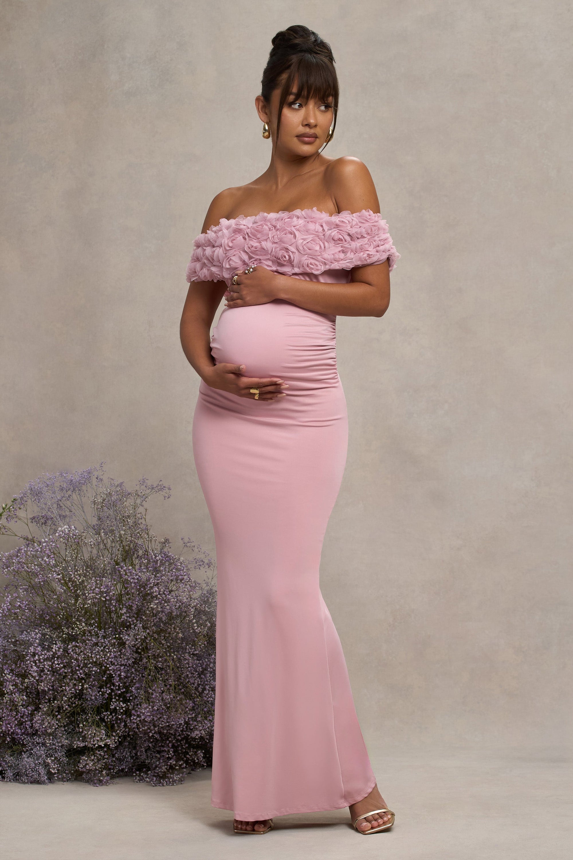 blush maternity maxi dress PinkBlush Pink Off Shoulder The square neckline adds a touch of charm Tiffany Rose Maternity Francesca Maternity