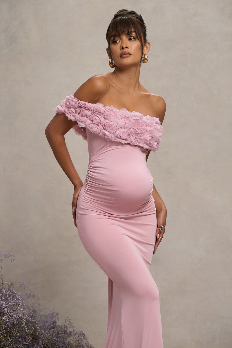 Davina | Blush Pink Ruched Twist Bardot Long-Sleeve Maternity Midi Dress