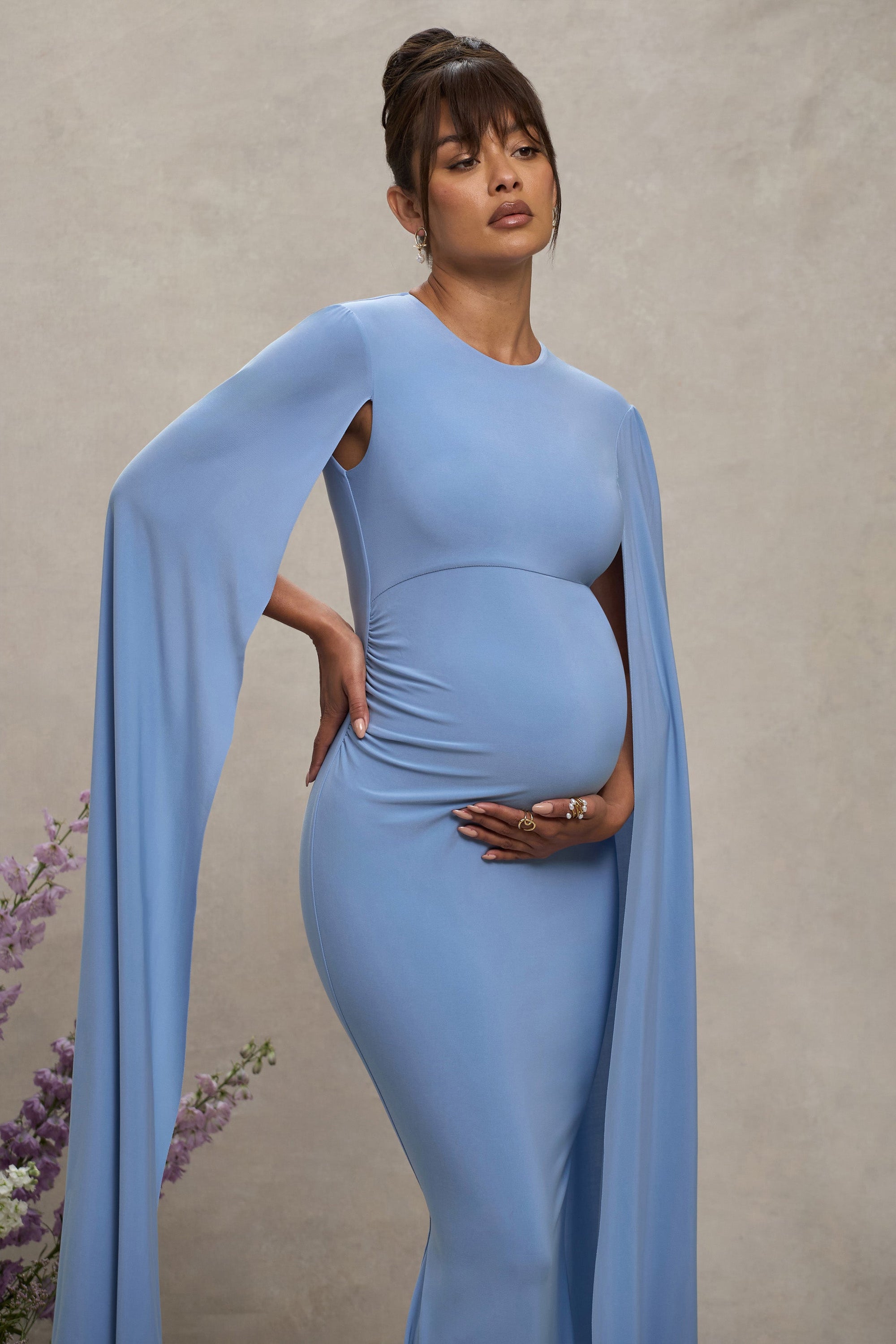Divine Timing | Powder Blue Maternity Maxi Dress With Cape Sleeves - Club L London - USA