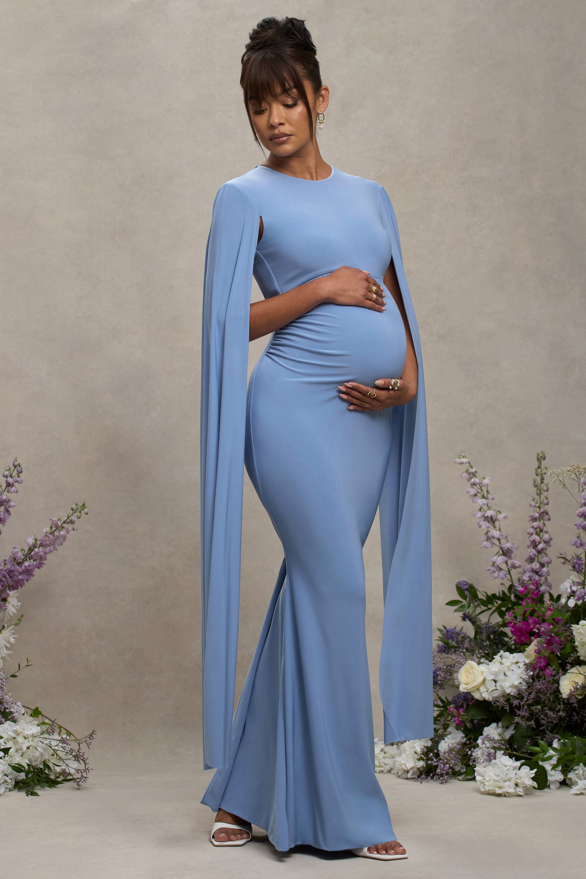 Divine Timing | Powder Blue Maternity Maxi Dress With Cape Sleeves - Club L London - USA