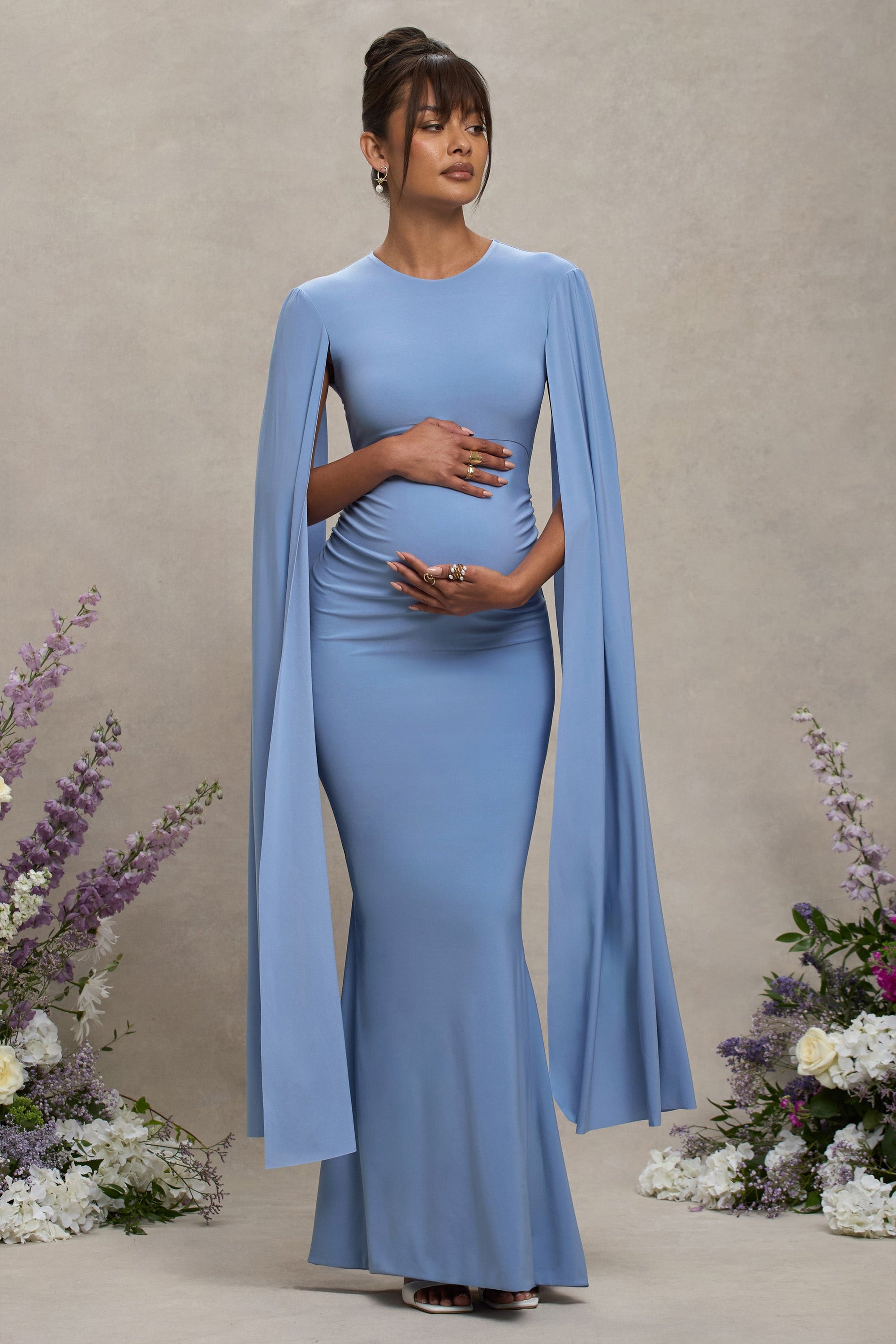 Divine Timing | Powder Blue Maternity Maxi Dress With Cape Sleeves – Club L London