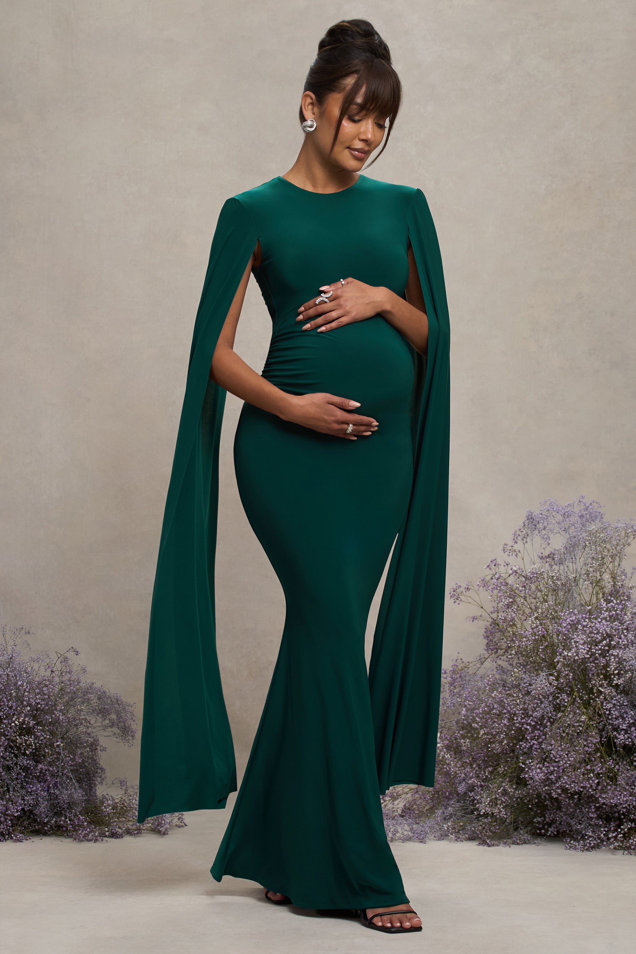 Divine Timing | Bottle Green Maternity Maxi Dress With Cape
