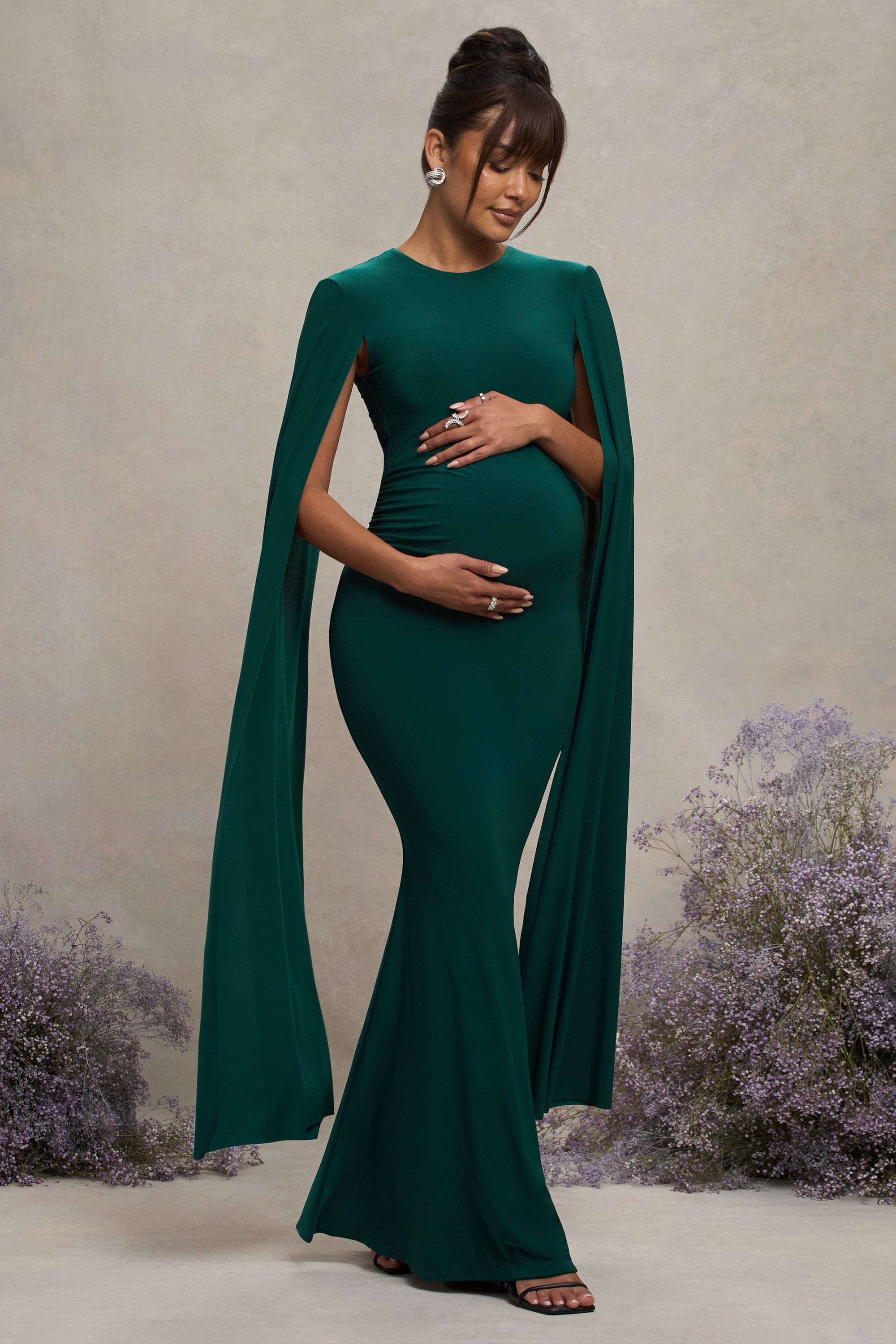 Divine Timing | Bottle Green Maternity Maxi Dress With Cape Sleeves - Club L London - USA