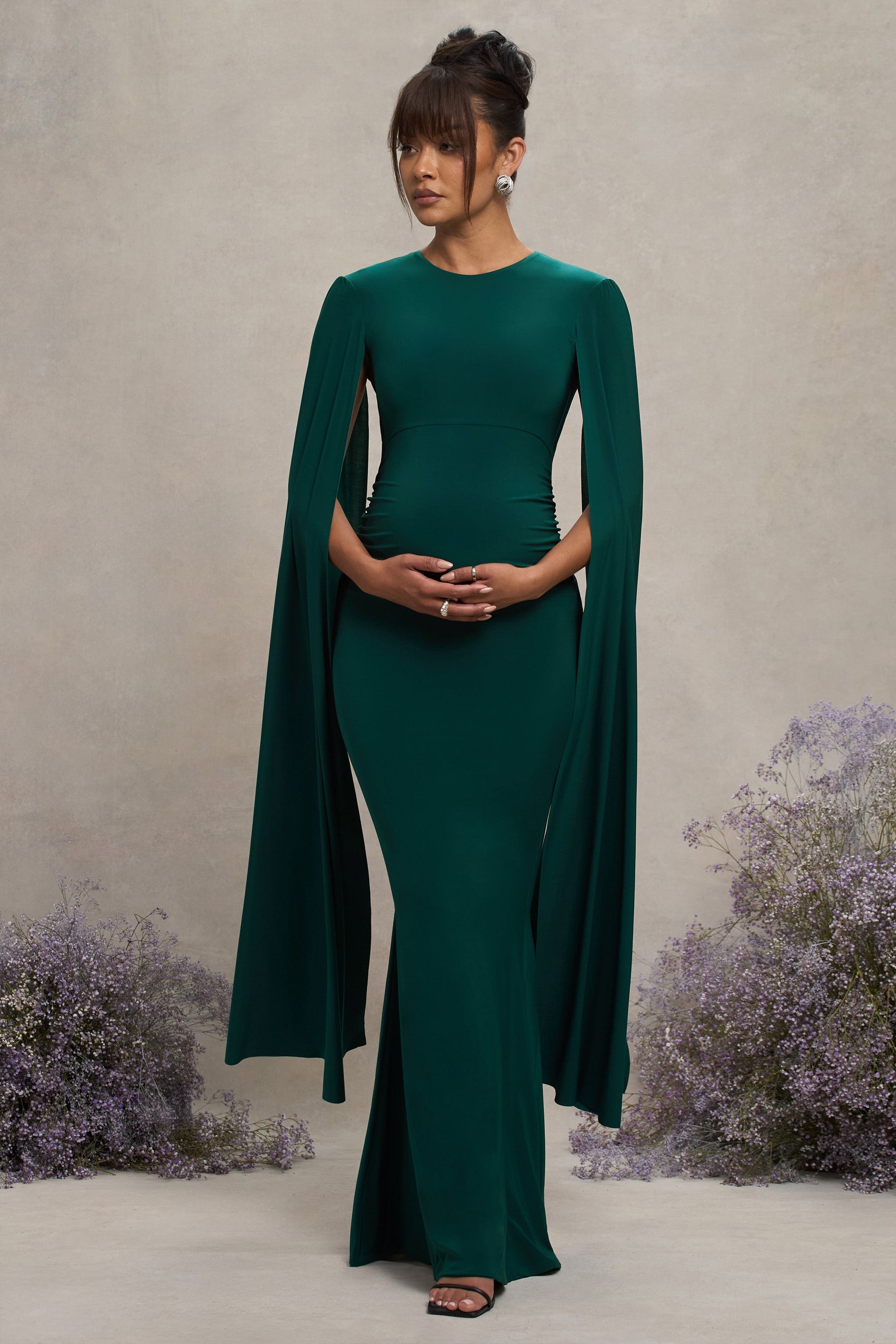 Divine Timing | Bottle Green Maternity Maxi Dress With Cape Sleeves - Club L London - USA