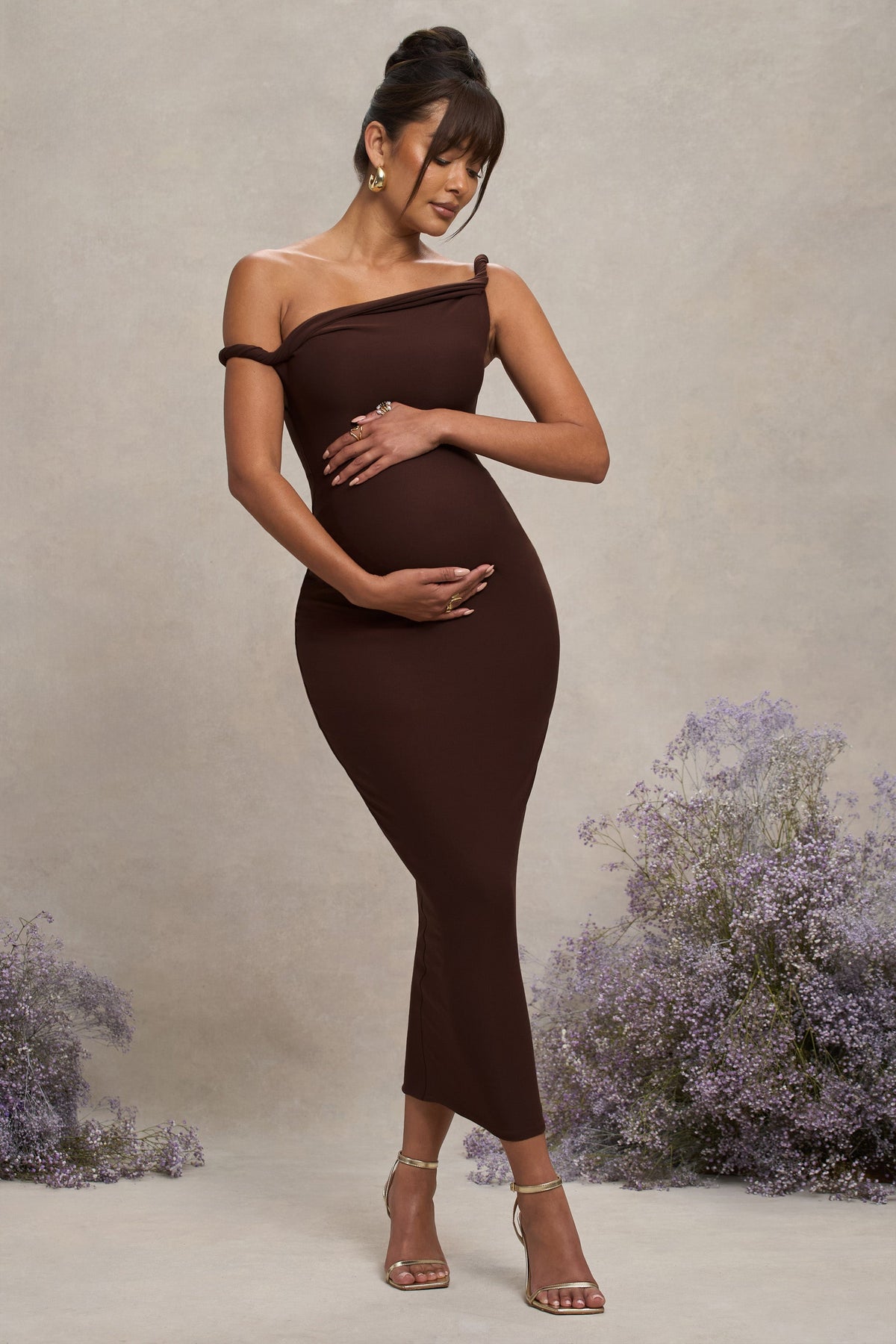 Salome | Chocolate Brown Twisted Asymmetric Maternity Midi Dress - UK 16 Chocolate Salome | Chocolate Brown Twisted Asymmetric Maternity Midi Dress - UK 16 Chocolate