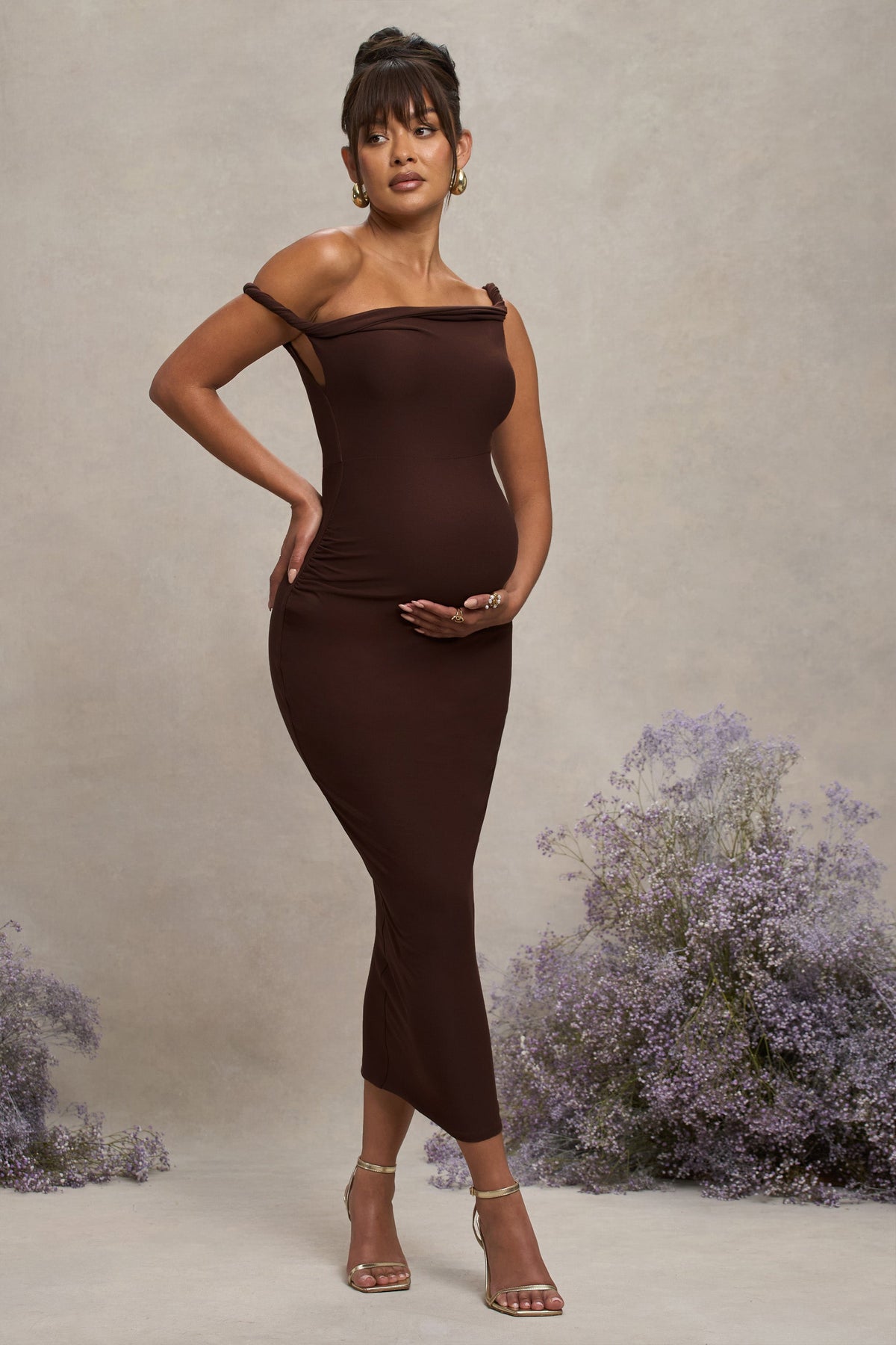Salome | Chocolate Brown Twisted Asymmetric Maternity Midi Dress - UK 16 Chocolate Salome | Chocolate Brown Twisted Asymmetric Maternity Midi Dress - UK 16 Chocolate