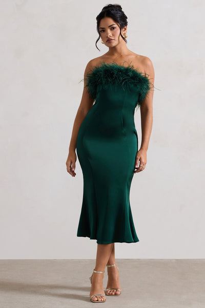 One And Only Bottle Green Satin Feather Trim Bandeau Midi Dress Club L London - USA One And Only Bottle Green Satin Feather Trim Bandeau Midi Dress Club L London - USA