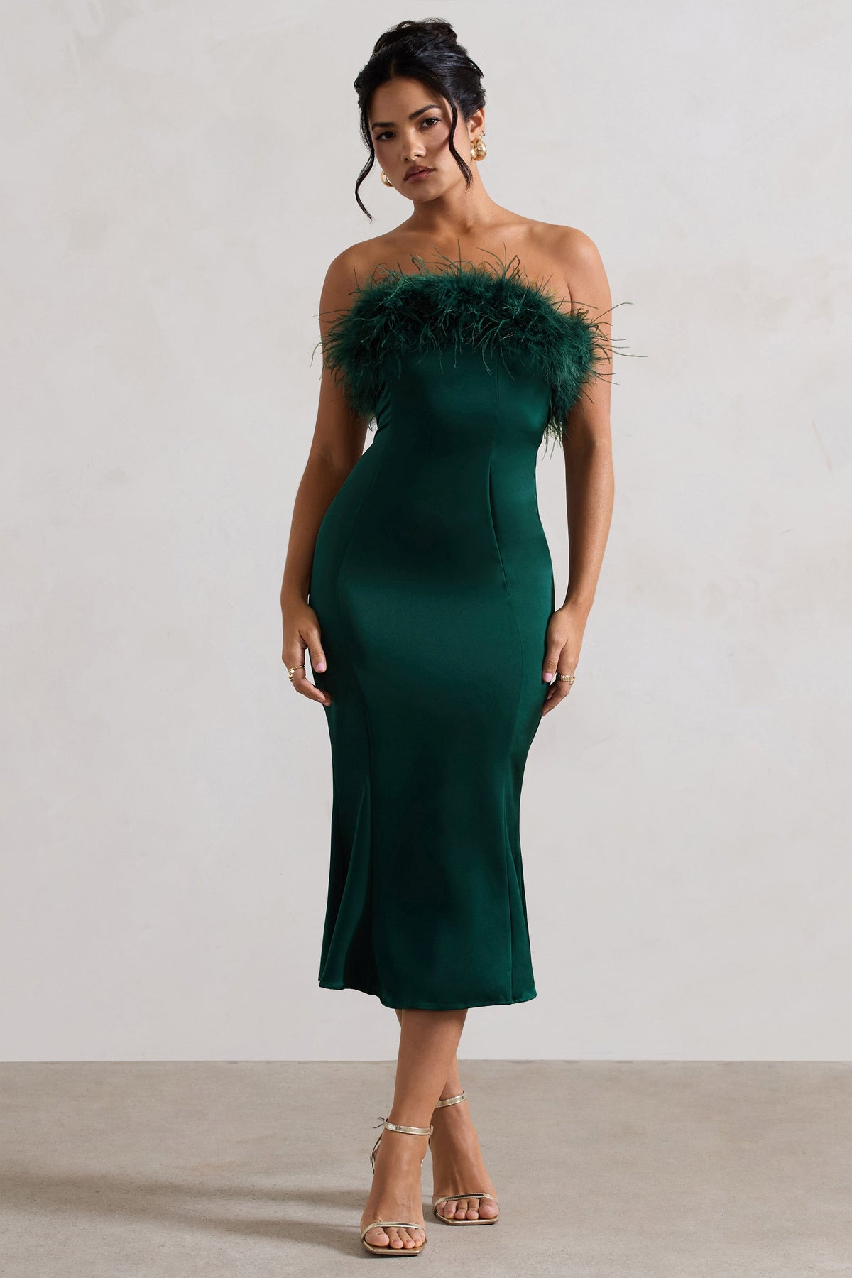 One And Only Bottle Green Satin Feather Trim Bandeau Midi Dress Club L London - USA One And Only Bottle Green Satin Feather Trim Bandeau Midi Dress Club L London - USA