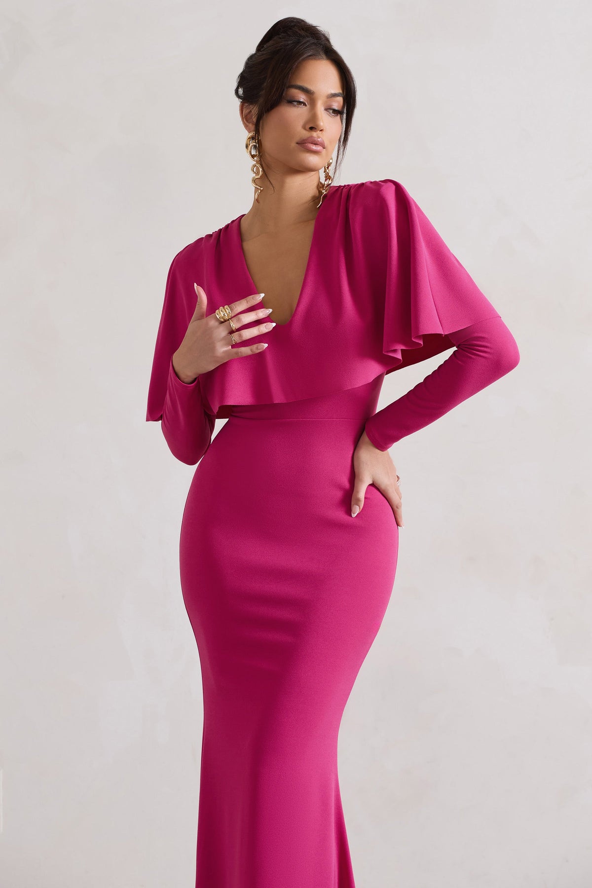 Dalia Dark Pink V-Neck Draped Long Sleeve Maxi Dress – Club L London - USA